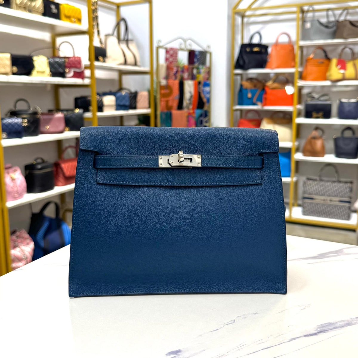 HERMES DEEP BLEU COLOR LEATHER KELLY DANSE II BELT BAG IN PALLADIUM HW  HB7045