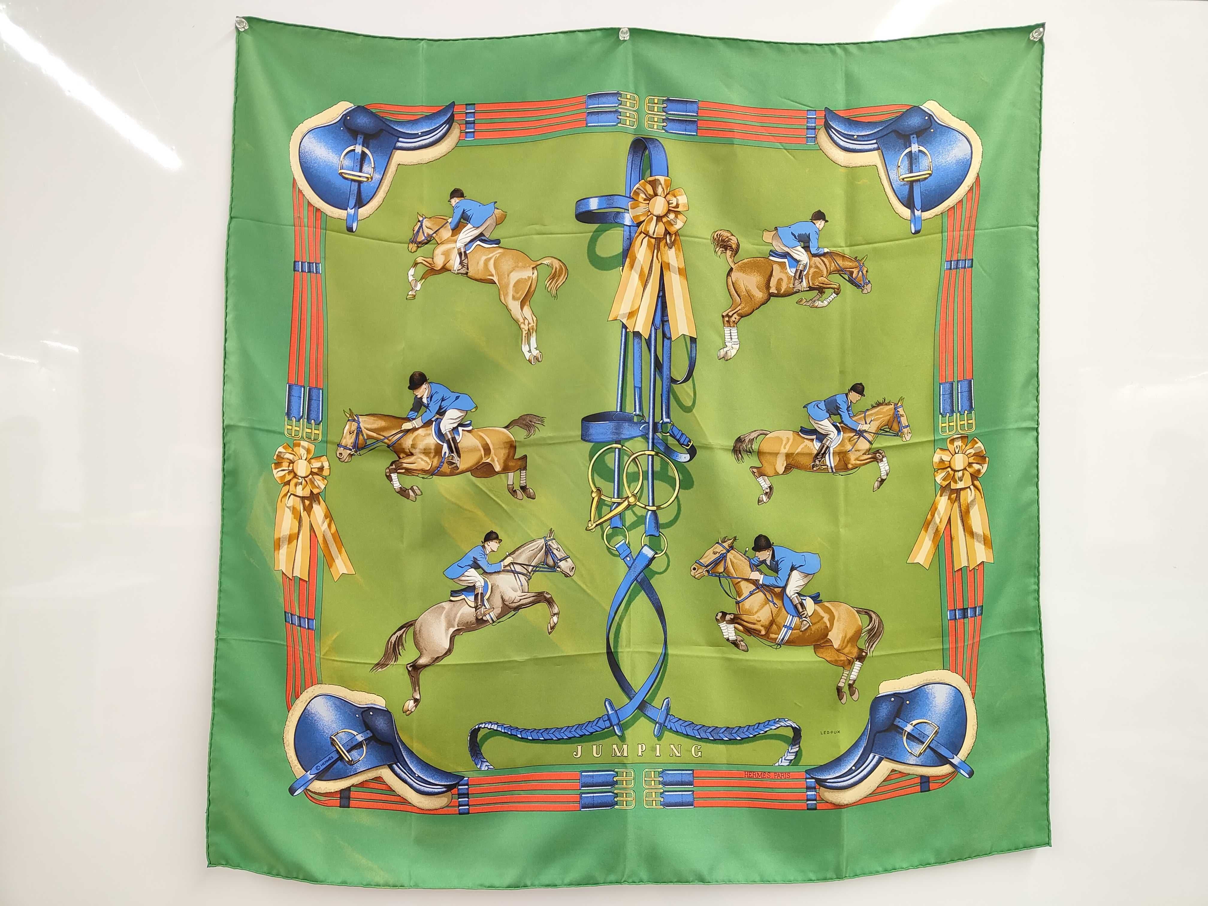 HERMES HERMES 100% Silk Carre 90 Jumping Green Brown  fevj5d1xjm AKC0871