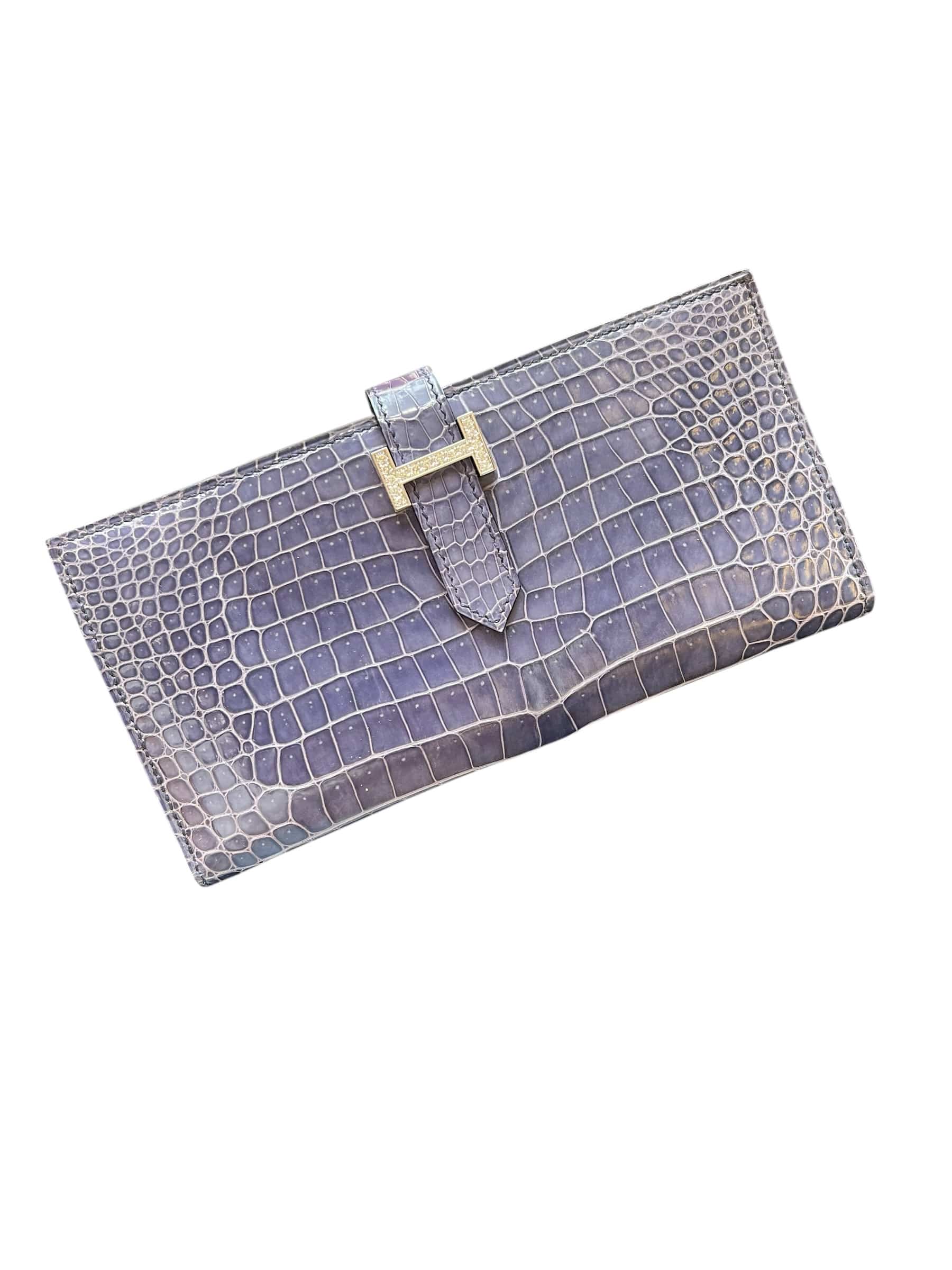 Hermes Hermes Bearn Wallet Blue Brighton Shiny Porosus FVVS Diamonds #K SSLG1014