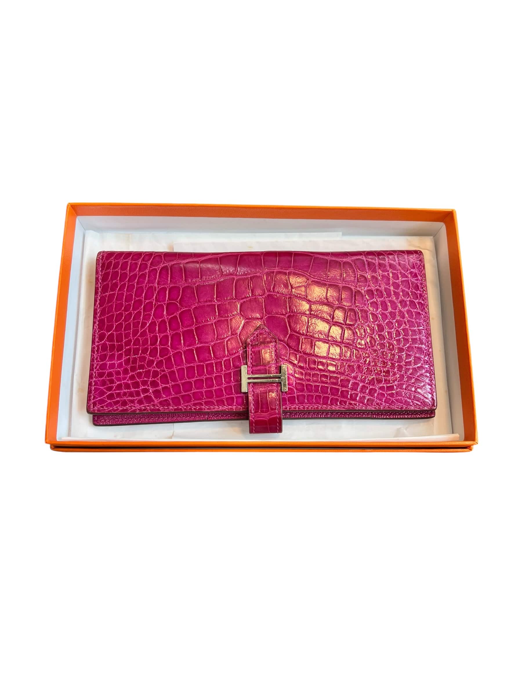 Hermes Hermes Bearn Wallet Rose Pourpre Shiny Alligator GHW #Y NEW SSLG1005