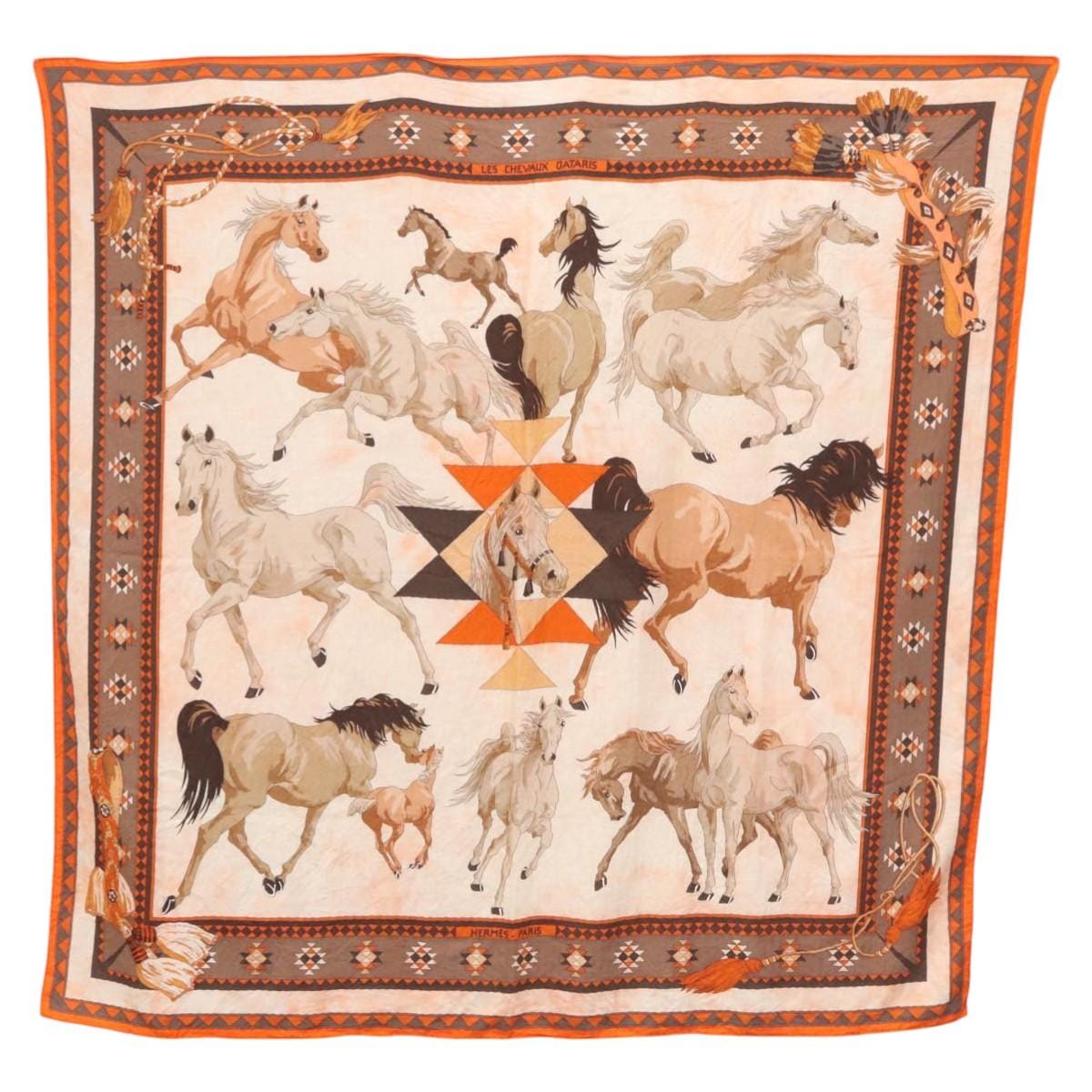 Hermès HERMES Carre 140 Scarf ""LES CHEVAUX QATARIS"" Cashmere Orange Beige Auth hk2281