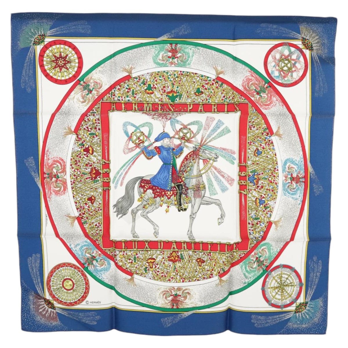 Hermès HERMES Carre 40 Scarf ""FEUX D ARTIFICE"" Silk White Blue Auth 97383