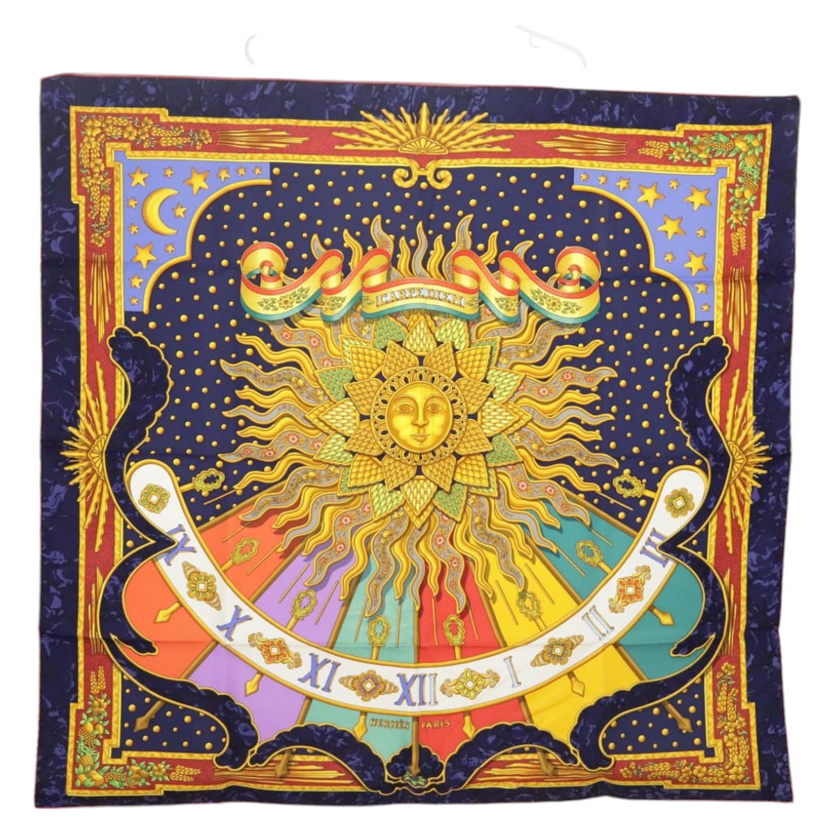 Hermès HERMES Carre 90 Scarf ""CARPE DIEM"" Silk Blue Auth ki5111