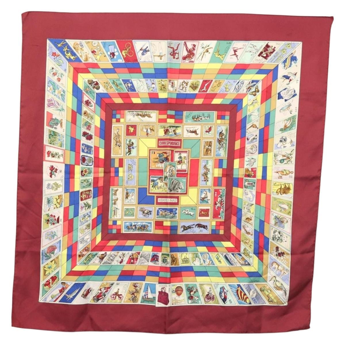 HERMES HERMES Carre 90 Scarf ""CORRESPONDANCE"" Silk Bordeaux Auth hk2956
