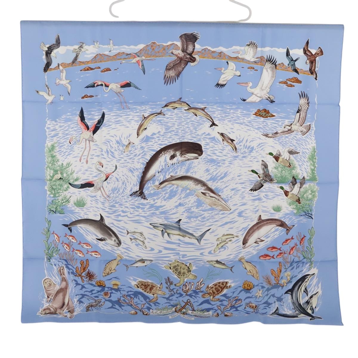 Hermès HERMES Carre 90 Scarf "Lavie Precieuse de la Mediterranee" Silk Blue Auth ki5243