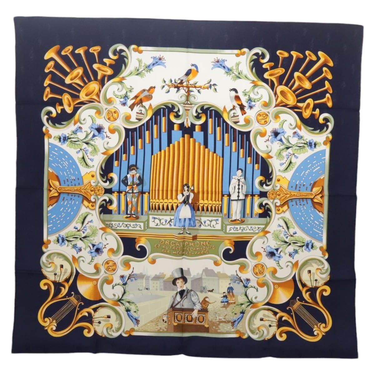 Hermès HERMES Carre 90 Scarf ""ORGAUPHONE ET AUTRES MECANIQUES"" Silk Navy Auth ki5010