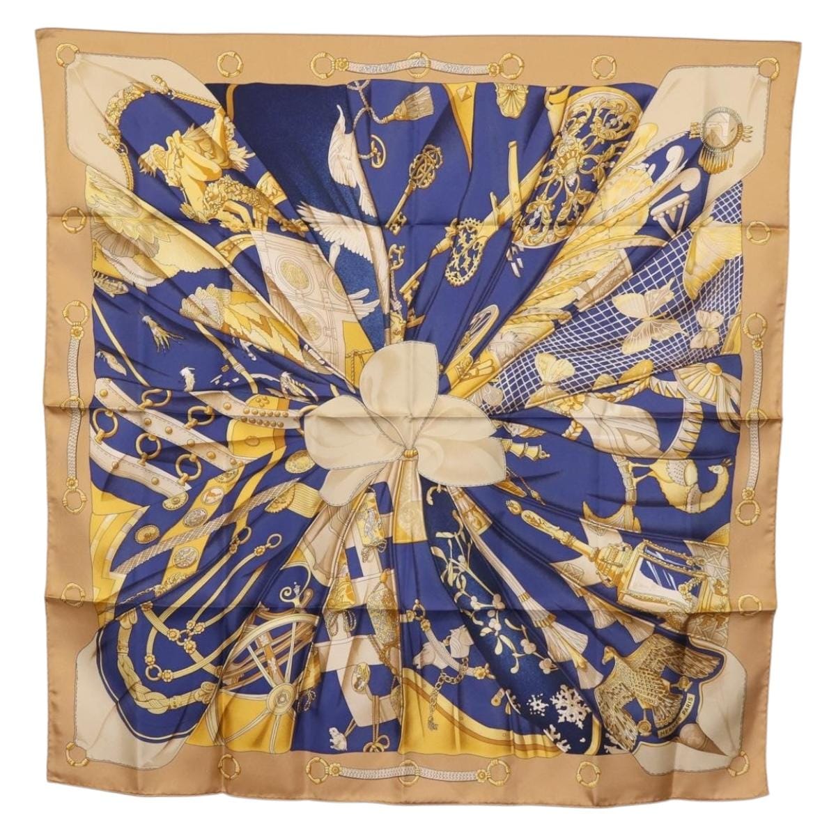 Hermès HERMES Carre 90 Scarf ""Soleil de Soie"" Silk Beige Auth am9063 am9063