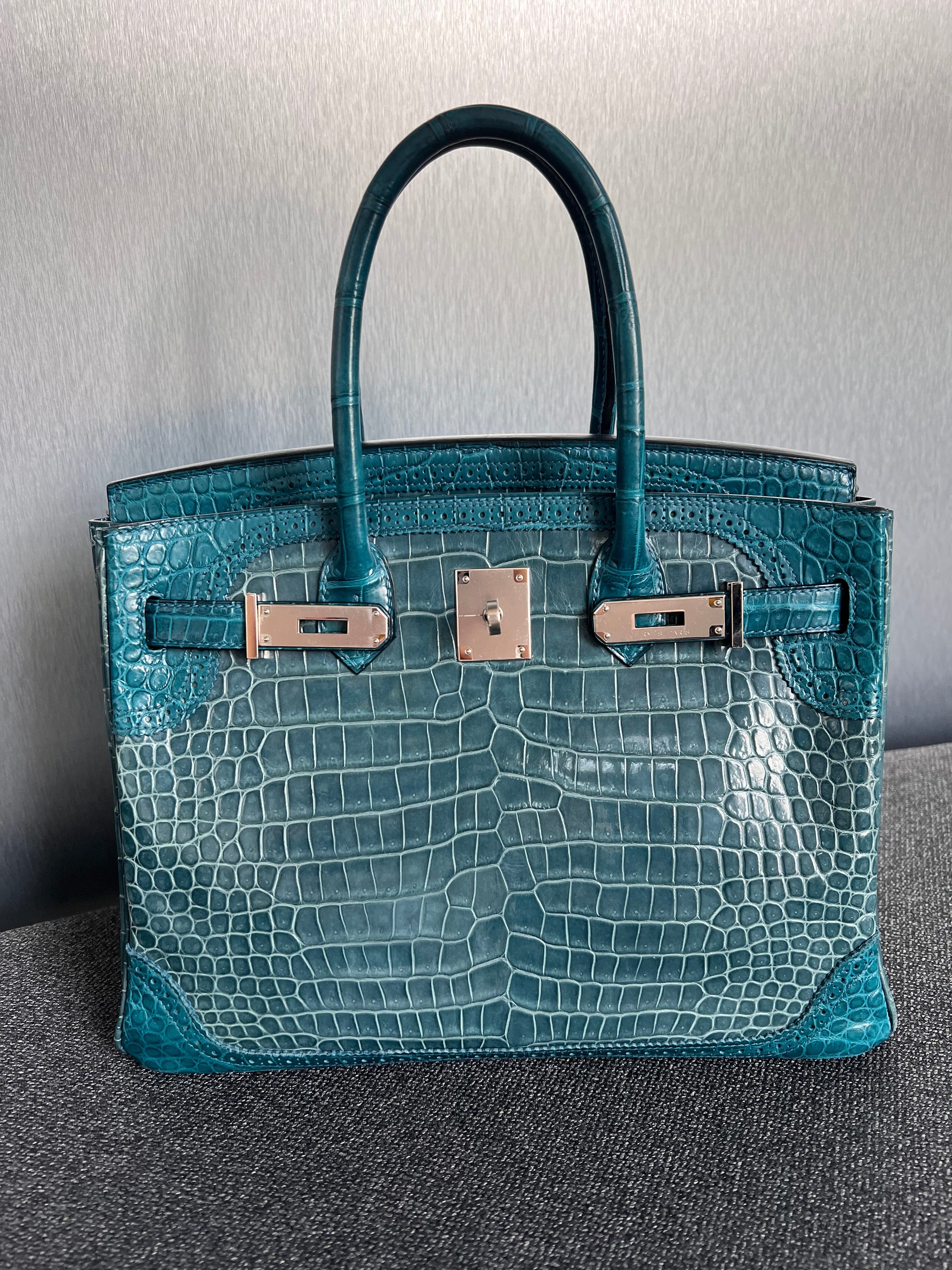 Hermès Hermes Ghillies Shiny Porosus Birkin 30 Blue Colvert PHW SYCYR436