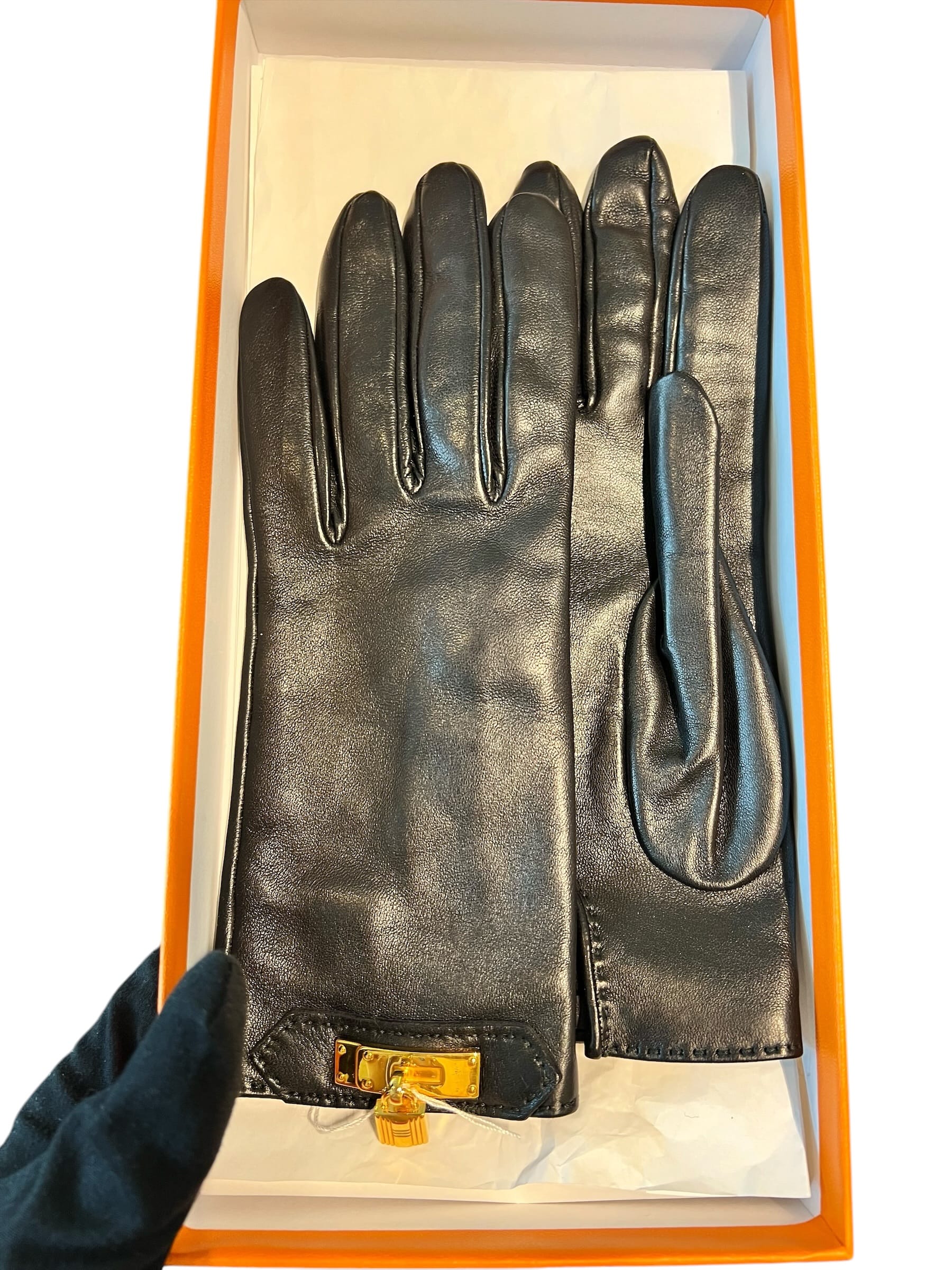 Hermes Hermes Kelly Cadena Gloves Black Lambskin Sz6.5 SSLG1040