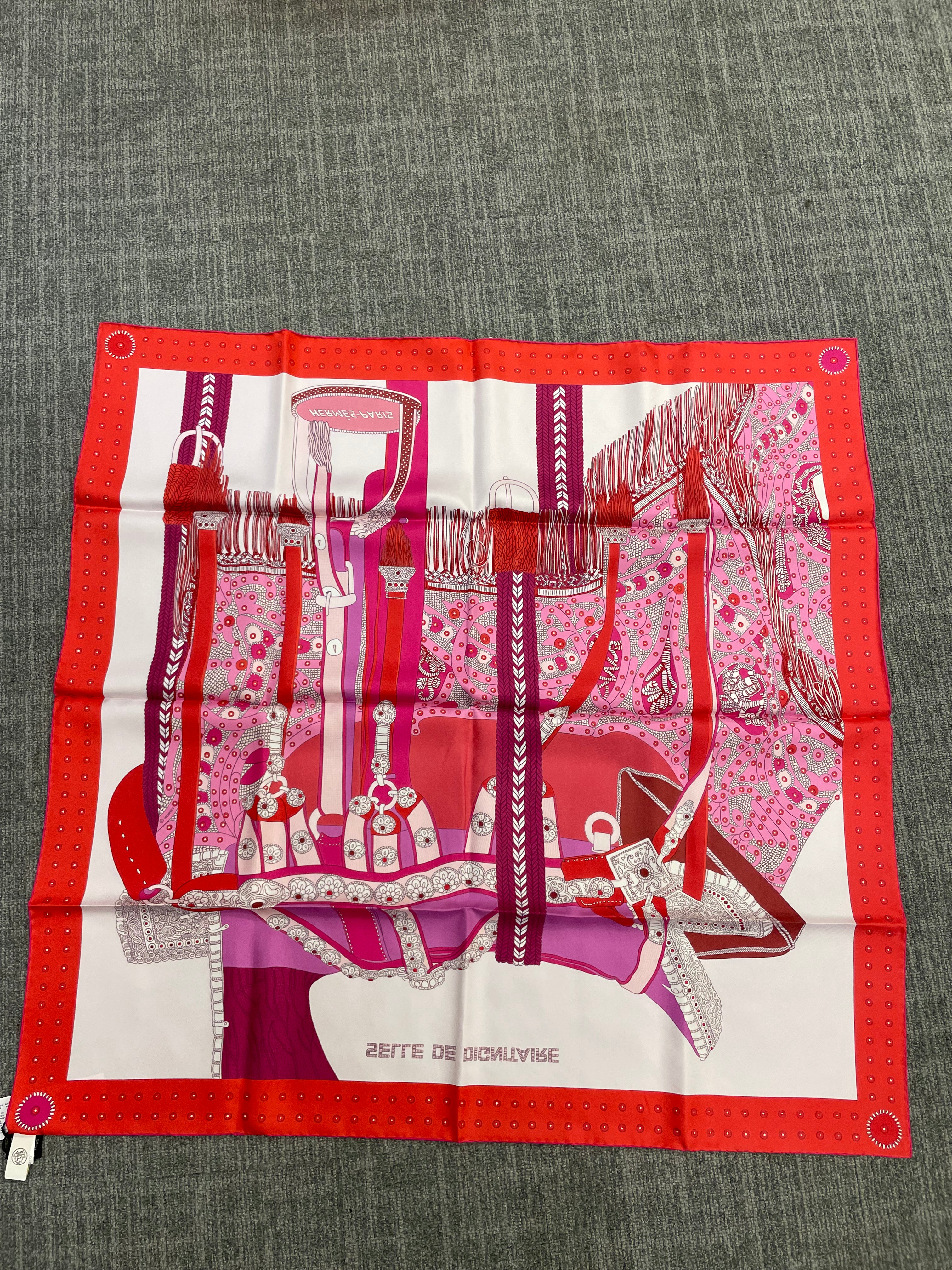 Hermès Hermès Silk 90-30 – Garden Tools Motif in Pink, Red, and Ivory ALC3511