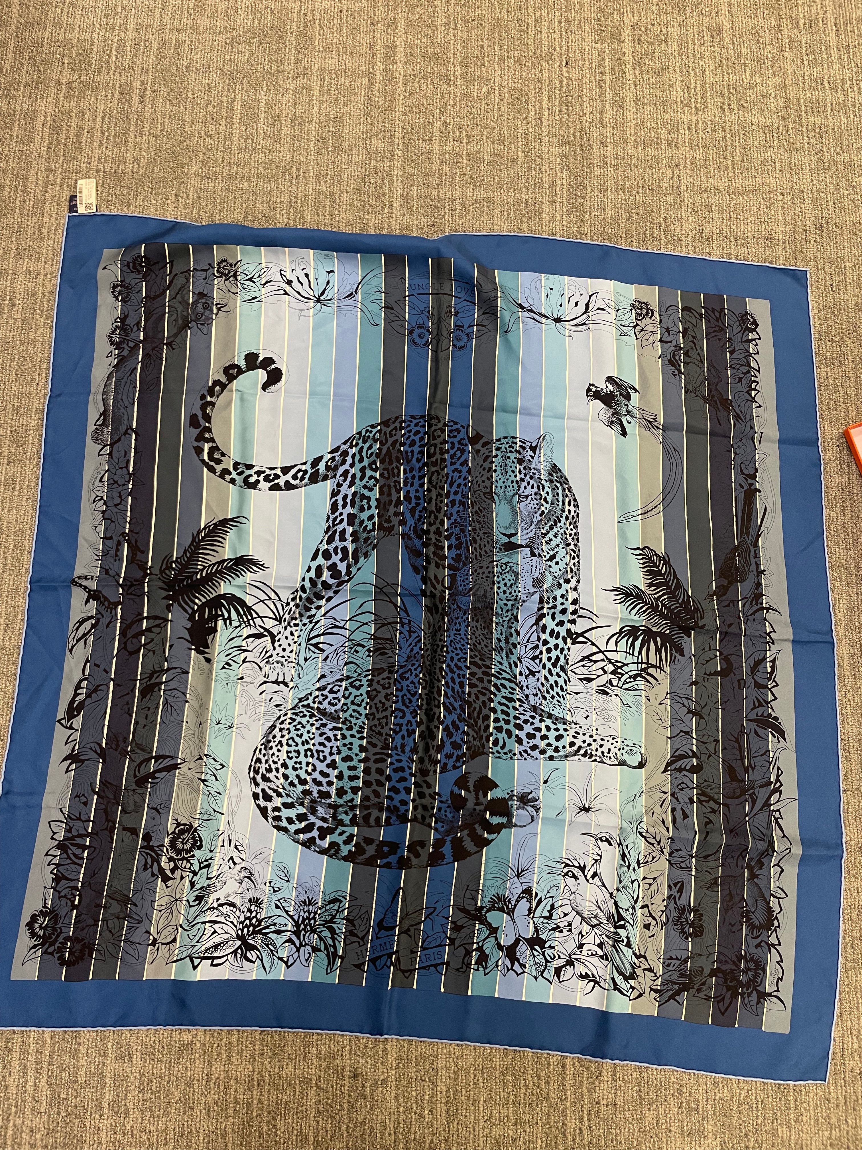 Hermès Hermès Silk 90-9 – Jungle Panther Motif in Black, Blue, and Beige Stripes ALC3490