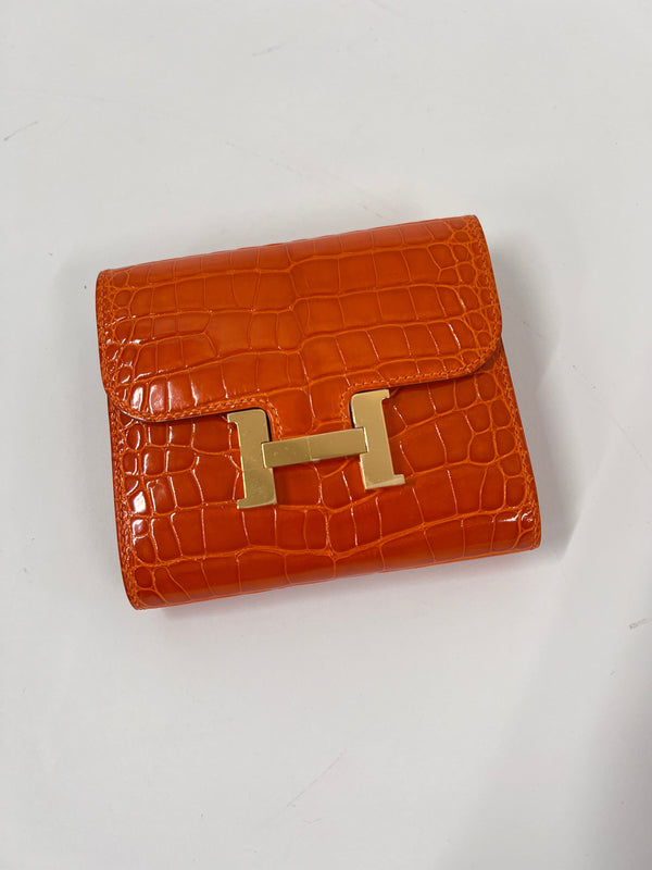 Hermès Hermes Constance Compact Wallet Orange Shiny Alligator GHW #C SKCB-042365