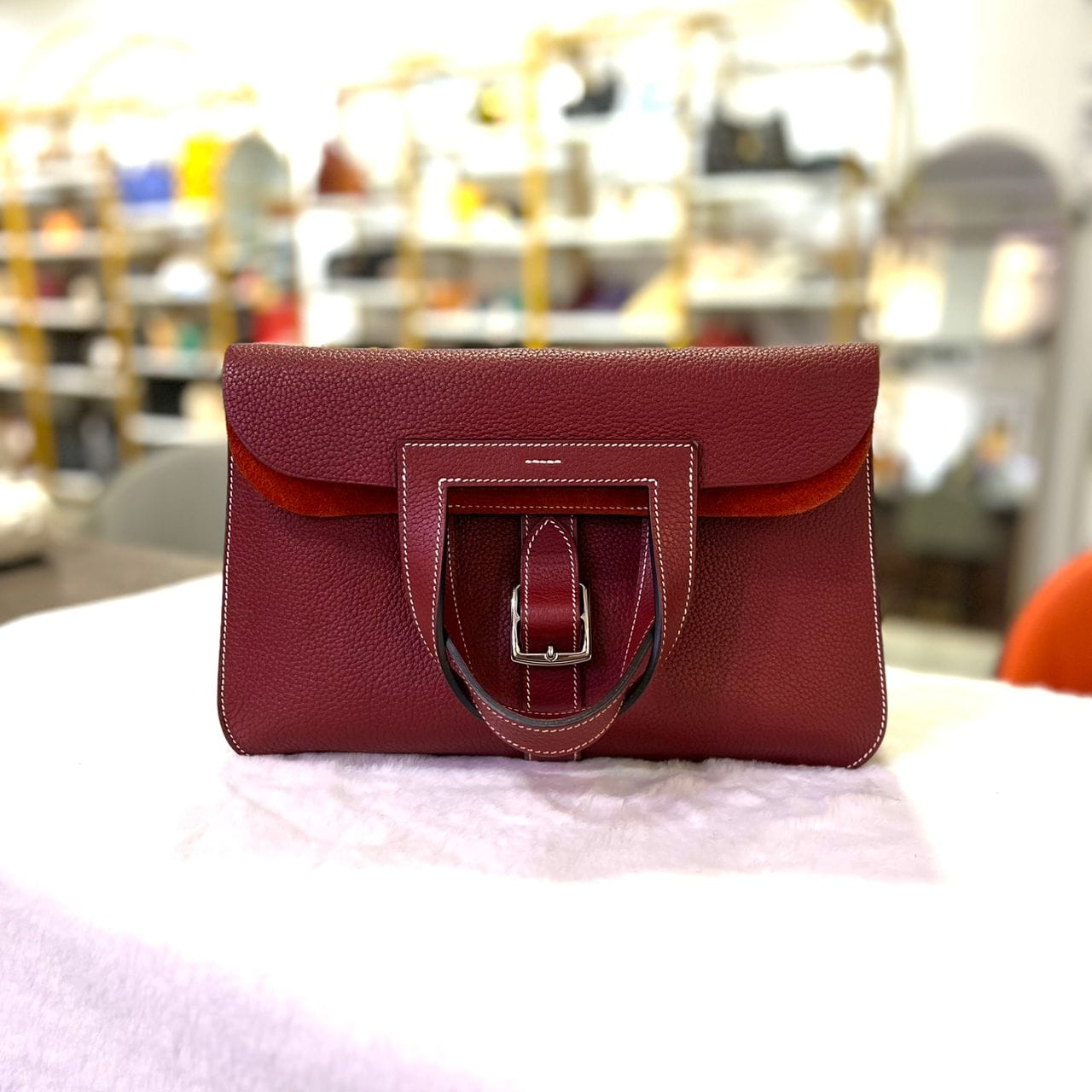 HERMES BURGUNDY HALZAN 31 CLEMENCE LEATHER IN PALLADIUM HARDWARE SYC1828