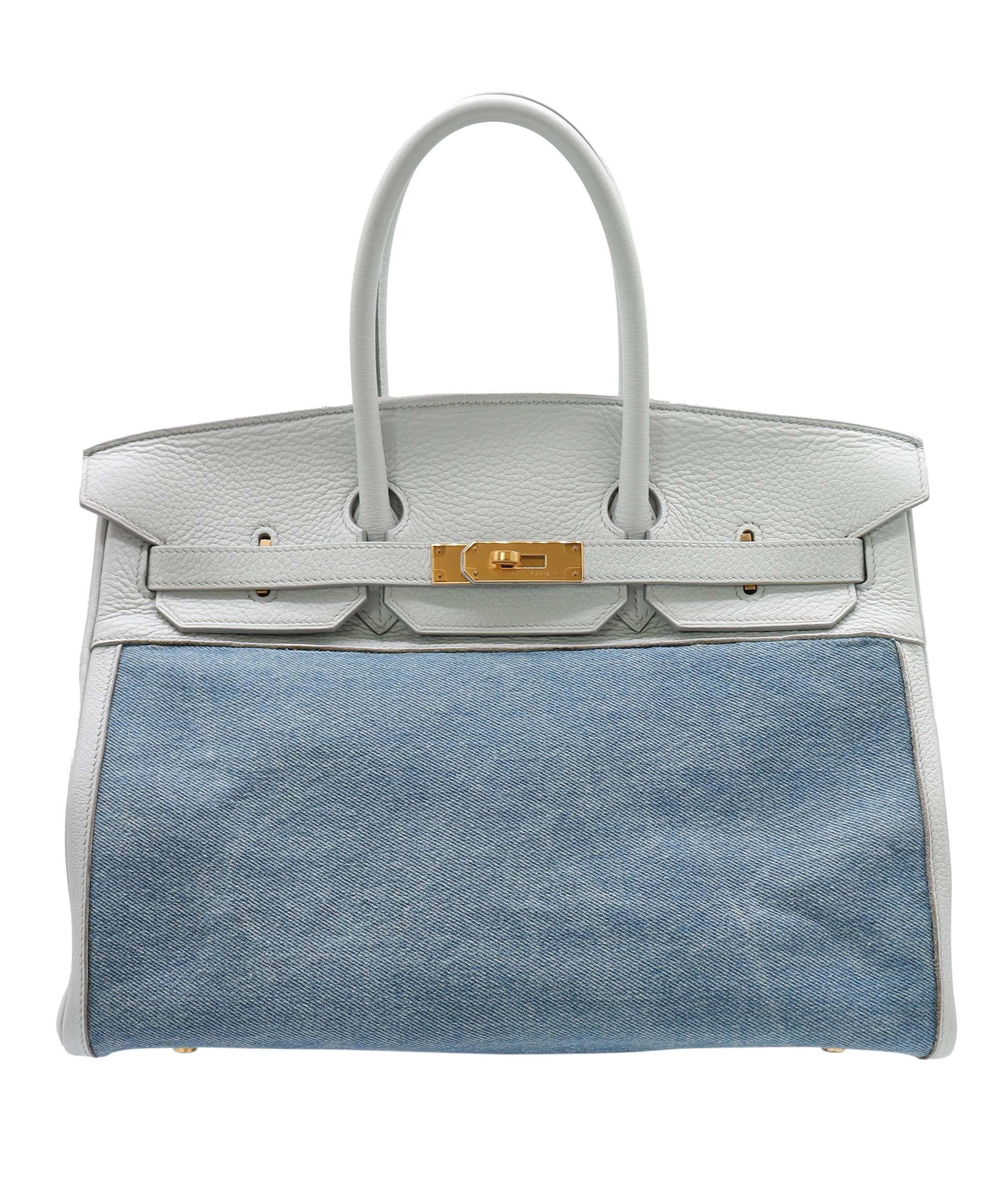 Hermès Hermes Birkin 35 Gris Pale TC x Denim GHW Stamp Square F DXBS5026