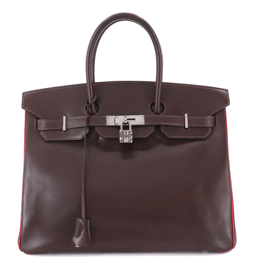 Hermes Birkin 35 Hand Bag Box carf Ebene Rouge vif Purse Bi color AGC3535