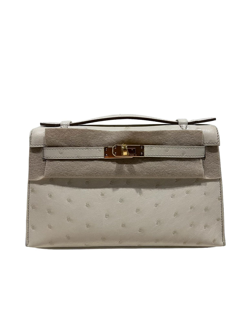 Hermes Kelly Pochette Clutch Bag Ostrich Gris Agate Gold Hardware