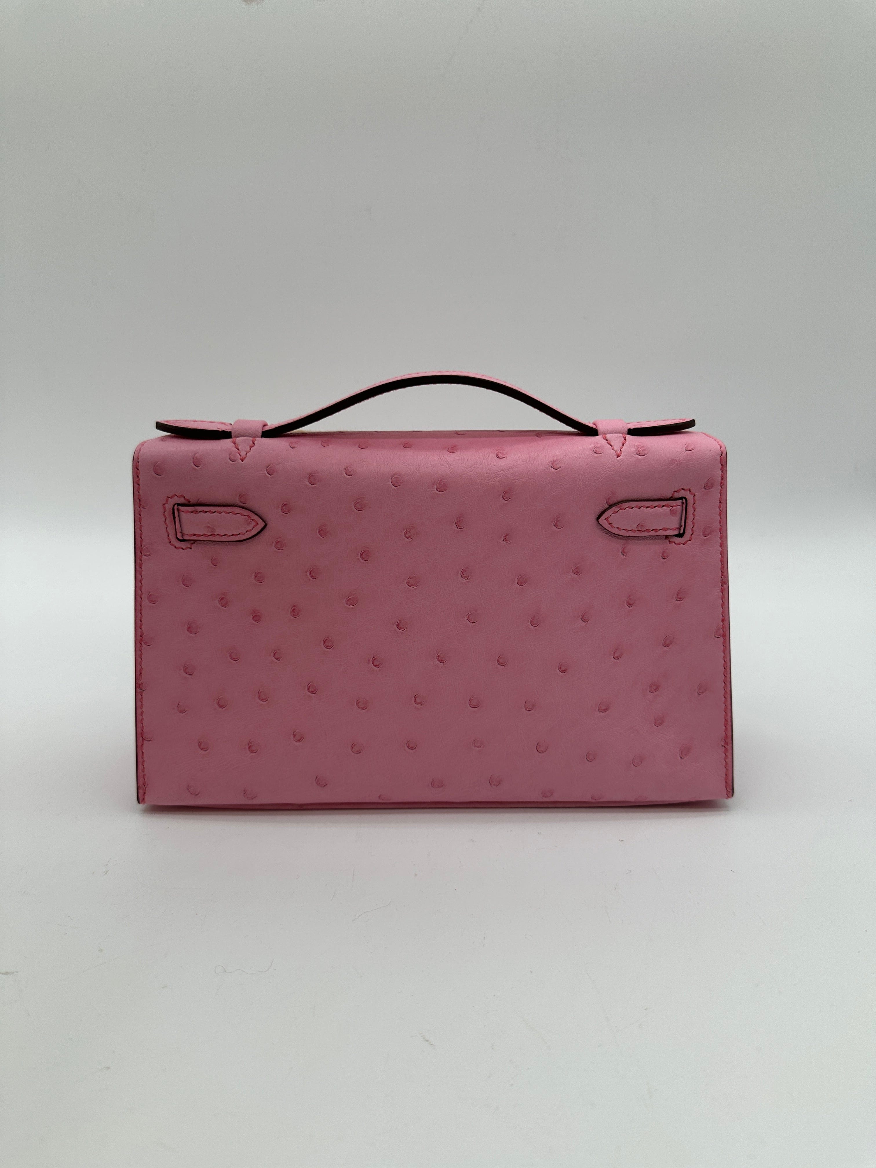 Hermès Kelly Pochette bubblegum Ostrich PHW stamp K  PC508