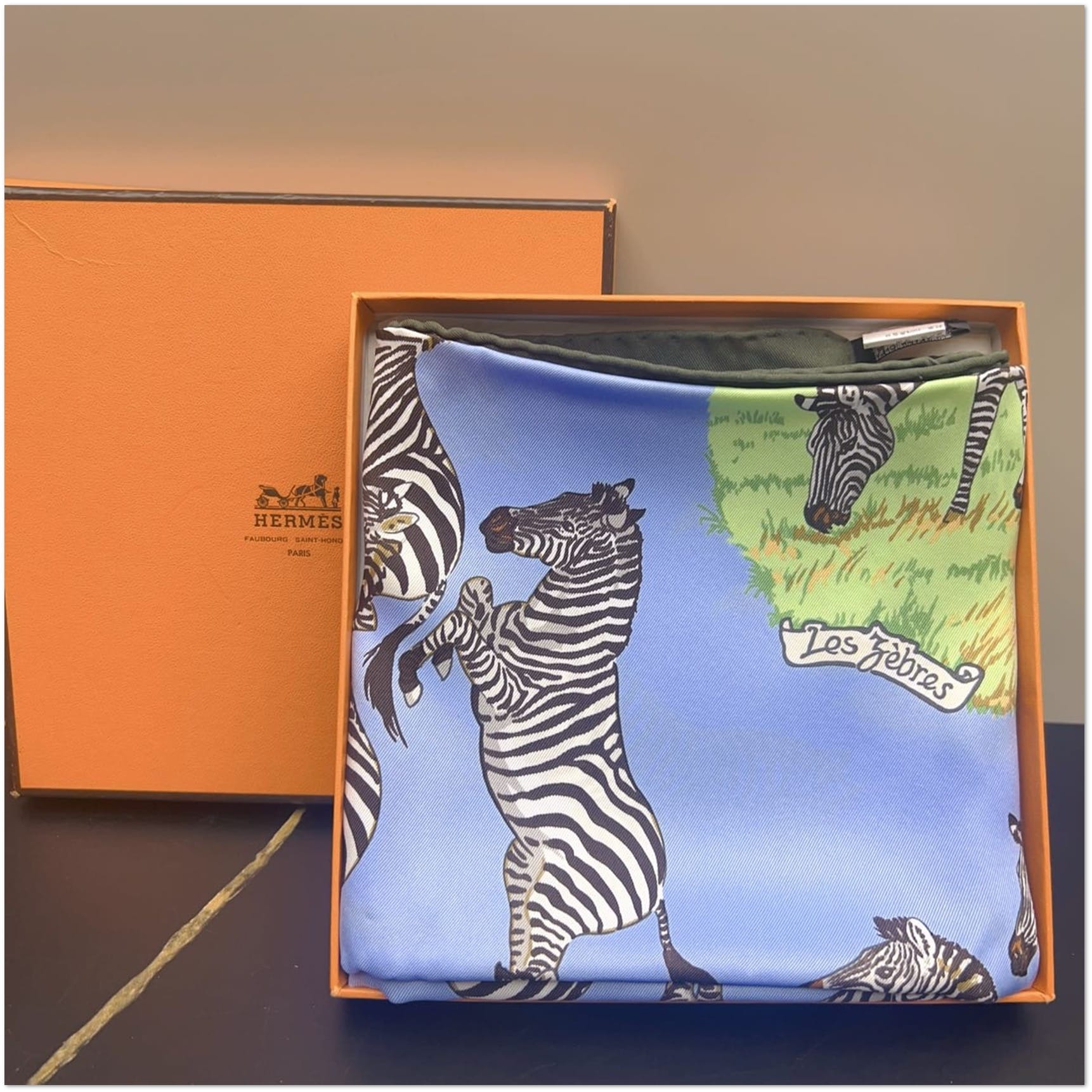 HERMES Hermès Light Blue Les Zèbres Silk Scarf 90 C18317963517