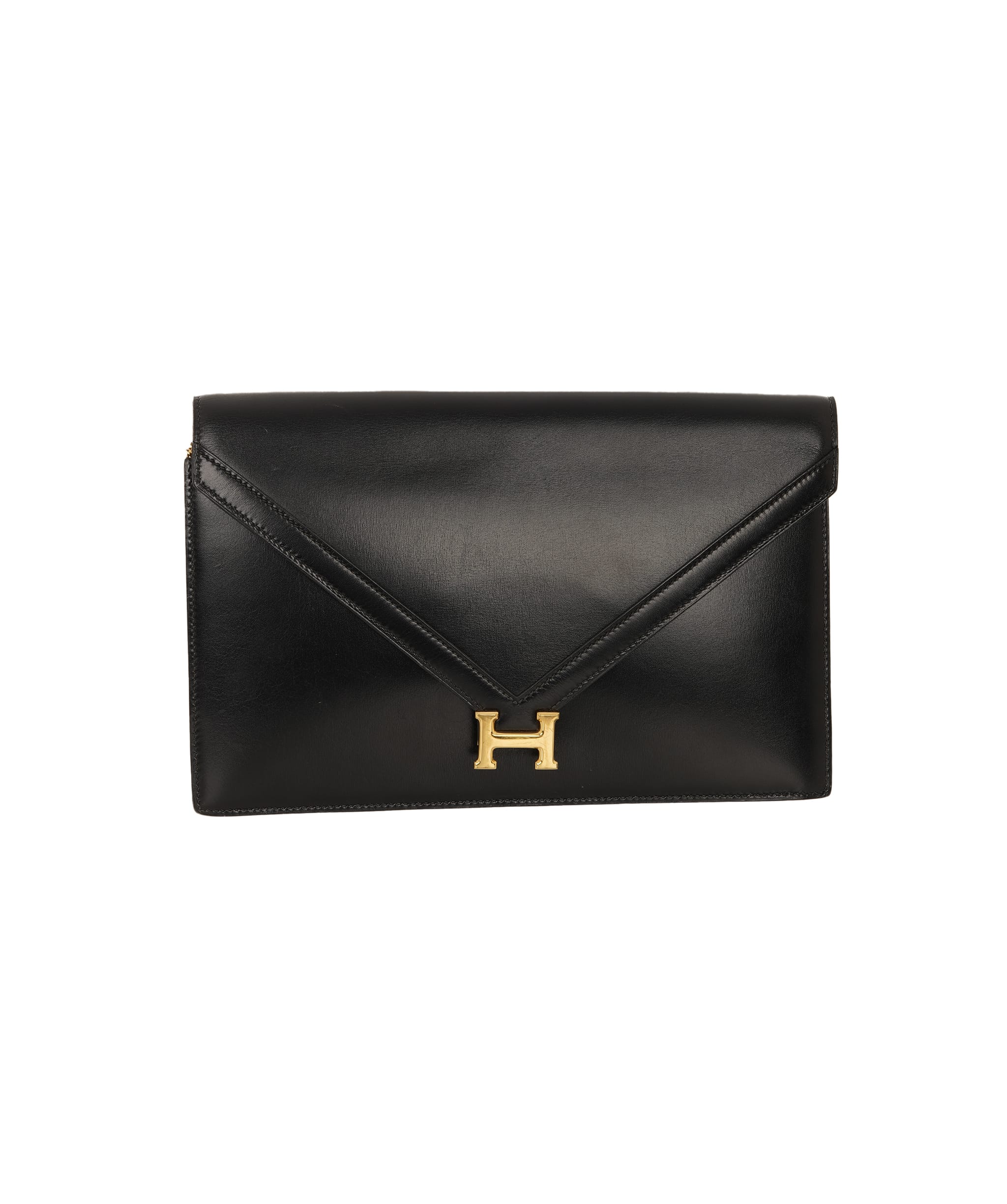 Hermès HERMES LYDIE BLACK BOXCALF CLUTCH SHOULDER BAG 1985 CIRCLE O GOLD HARDWARE ALC4159