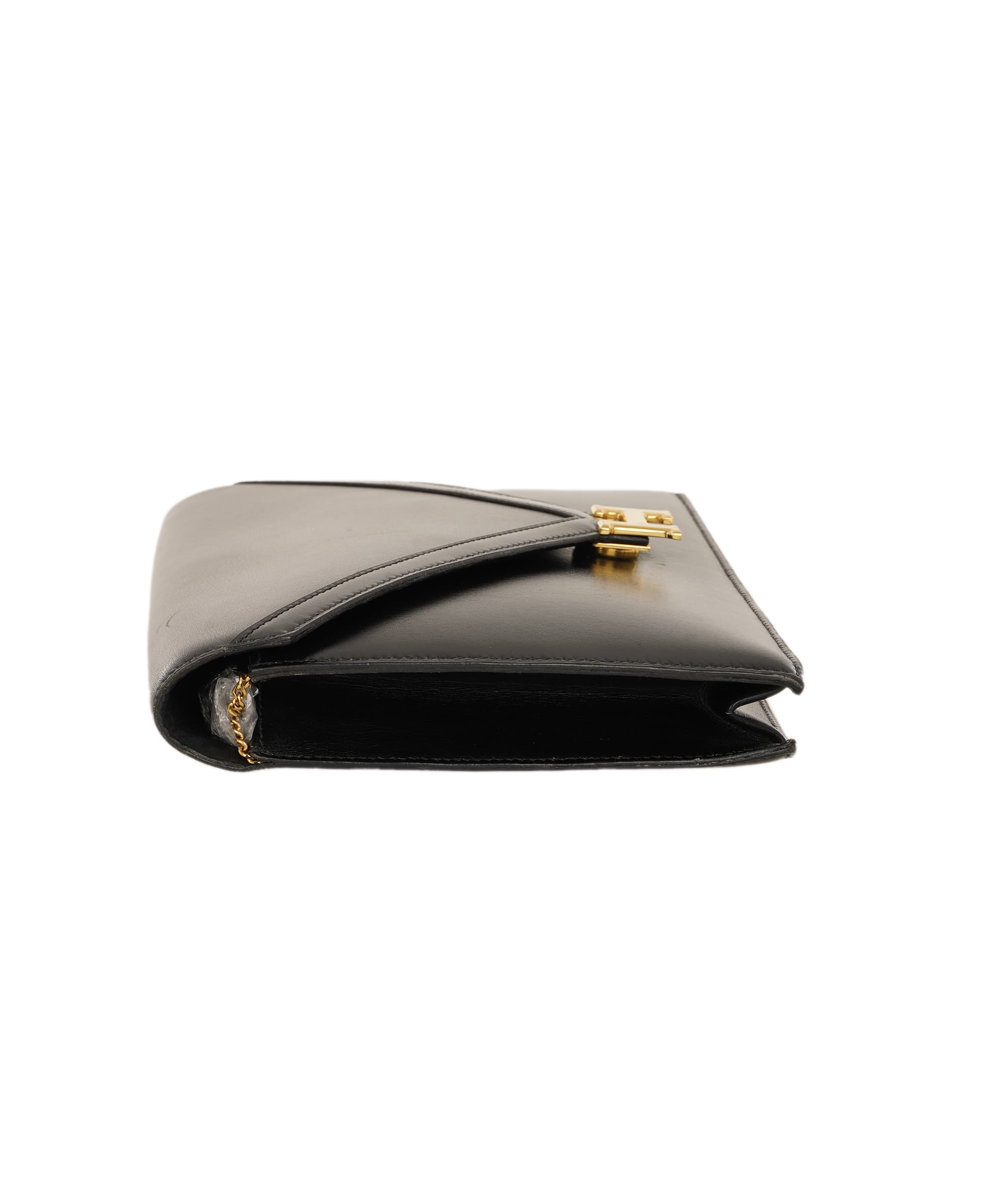 Hermès HERMES LYDIE BLACK BOXCALF CLUTCH SHOULDER BAG 1985 CIRCLE O GOLD HARDWARE ALC4159
