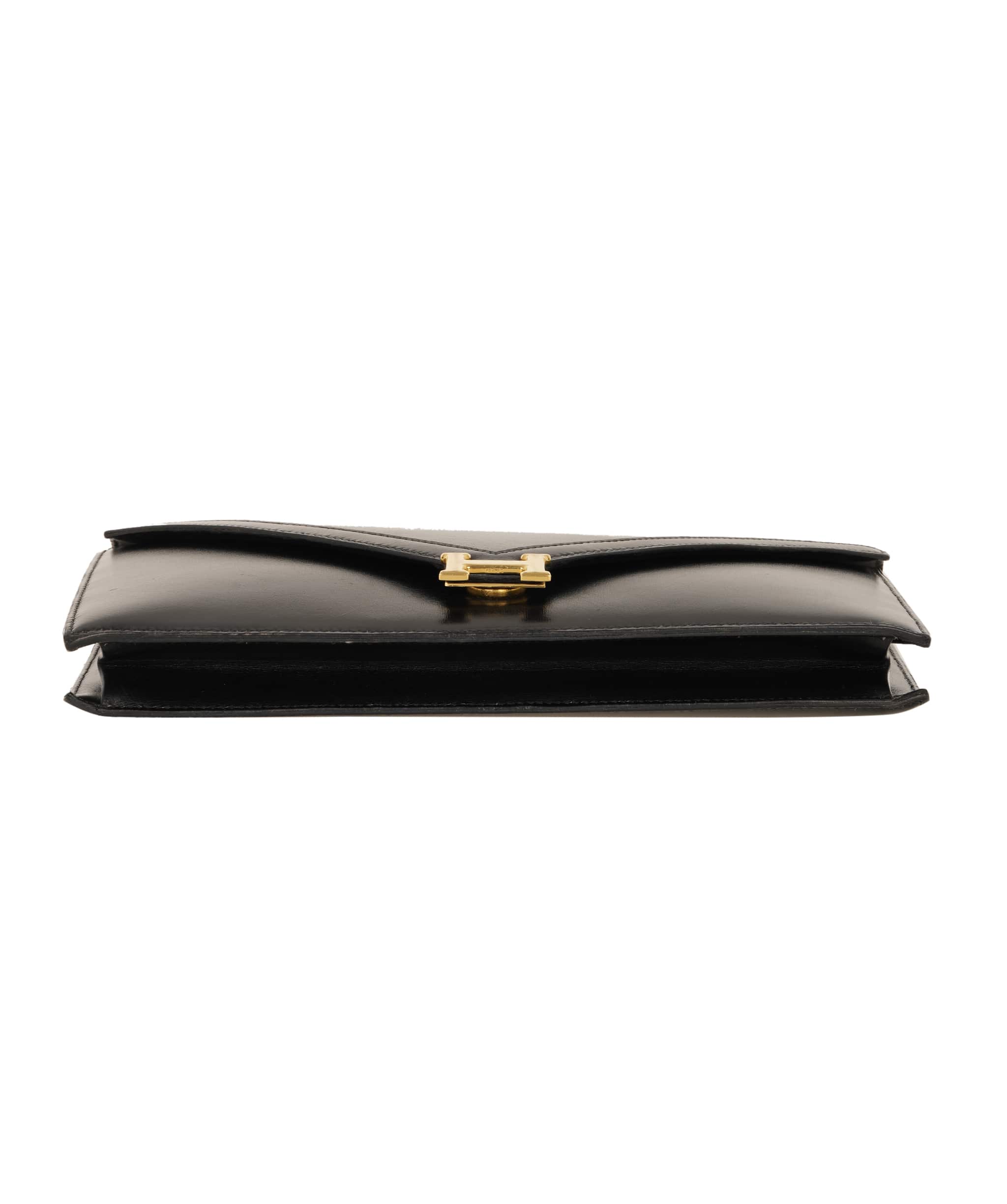 Hermès HERMES LYDIE BLACK BOXCALF CLUTCH SHOULDER BAG 1985 CIRCLE O GOLD HARDWARE ALC4159