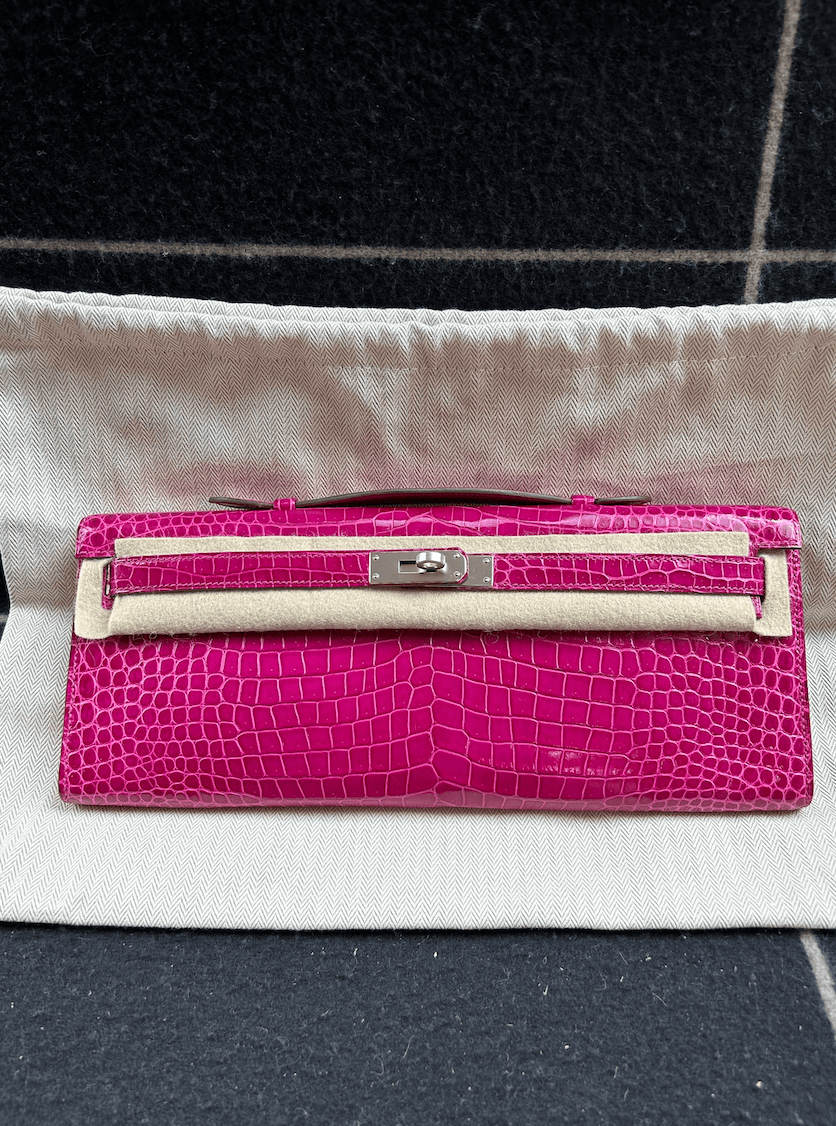 Hermès Hermes Preloved Kelly Cut Rose Scheherazade PHW Square R (2014) Shiny Porosus ^ ALTC0263