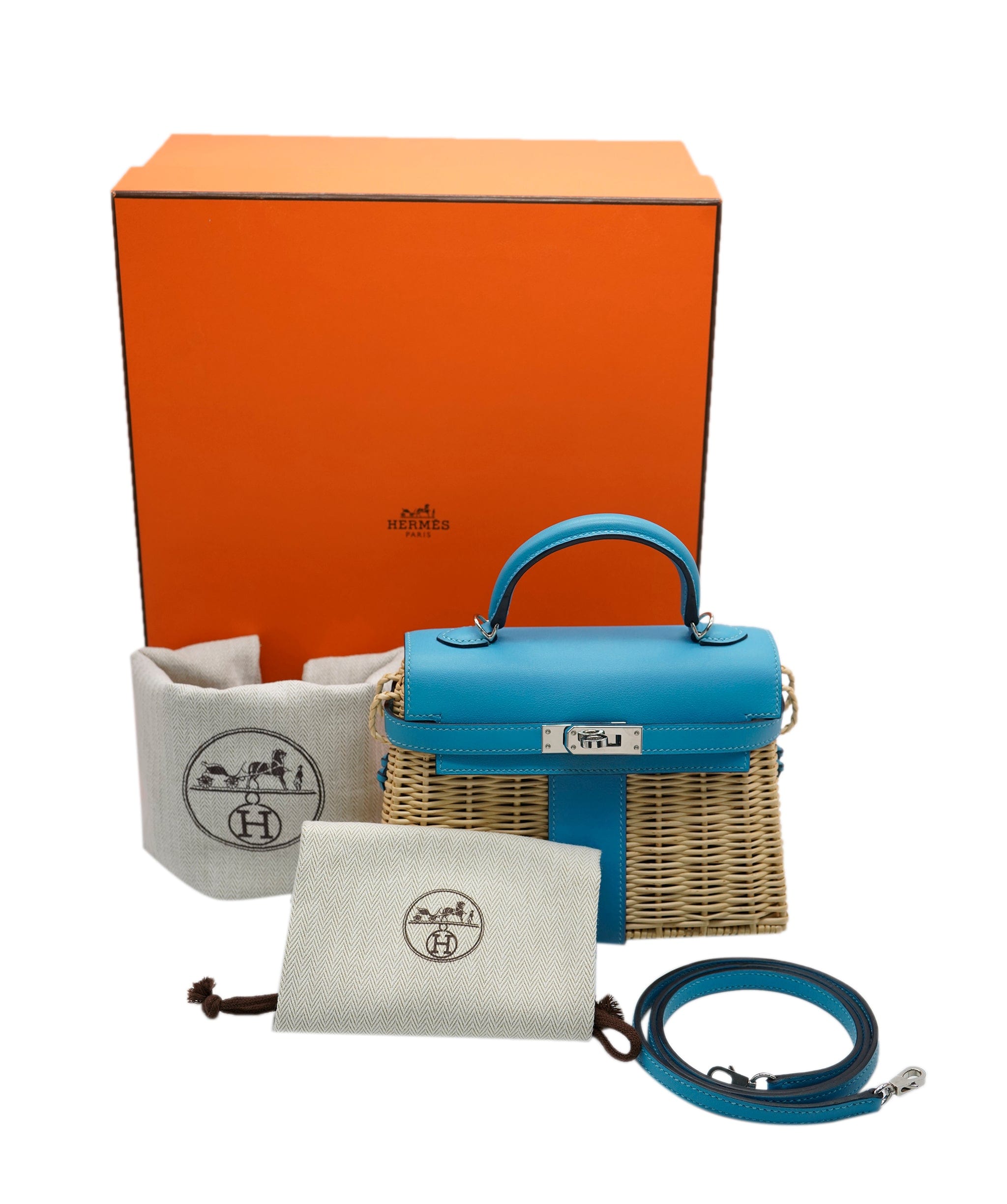 Hermès *SUPER RARE* Hermes Kelly Woicker Picnic 20cm Bag in Bleu du Nord Swift Leather with Palladium Hardware ASL10429