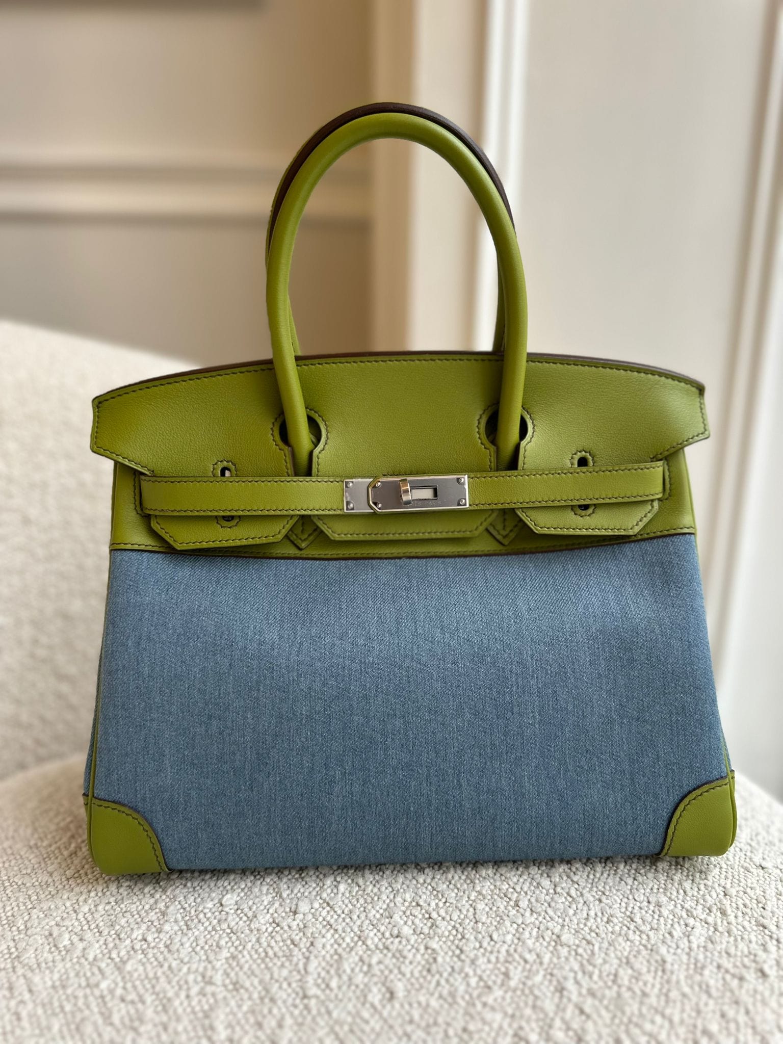 Hermès PRELOVED HERMÈS BIRKIN 30CM VERT ANIS Swift Leather and Denim Toile with Palladium Hardware
