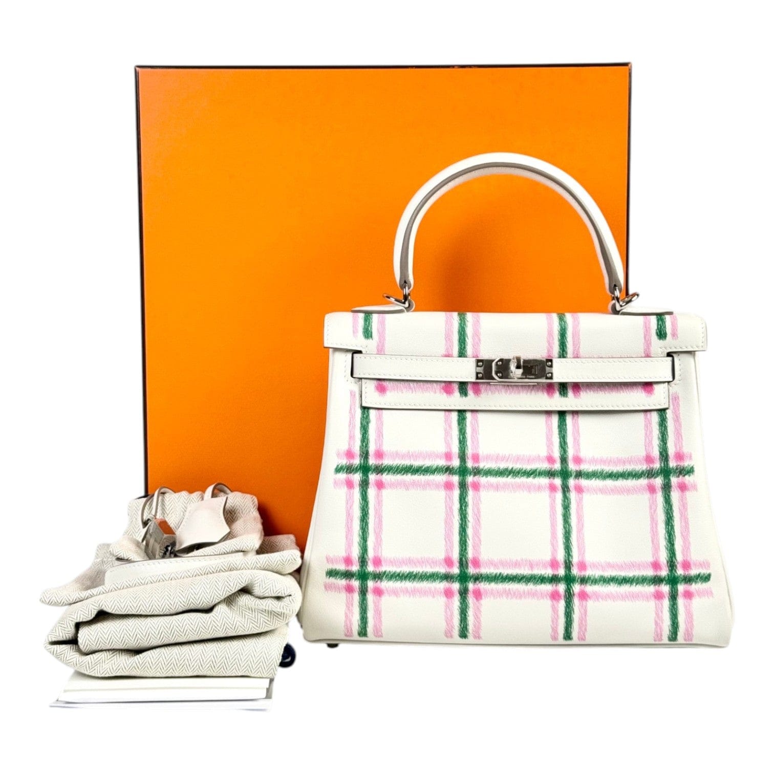 Hermes Hermes Kelly 25 Tartan Light Swift Gris Pale/Bubblegum/Vert Moyen PHW