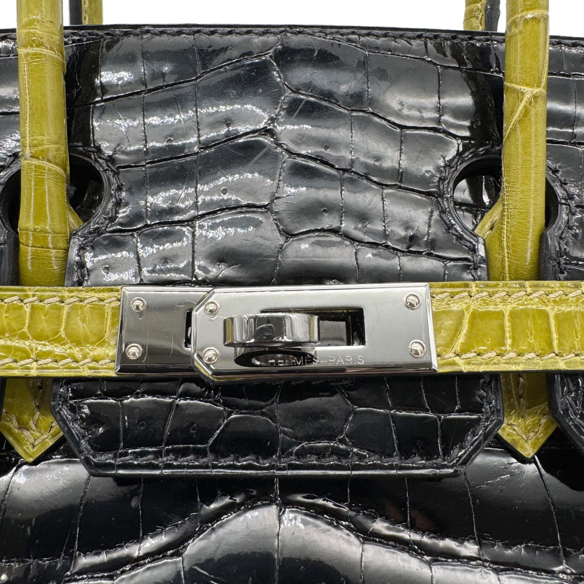 hermes HERMES BIRKIN 25 BLACK CHARTREUSE CROCODILE NILOTICUS LISSE HAND BAG □H SHW 90267754