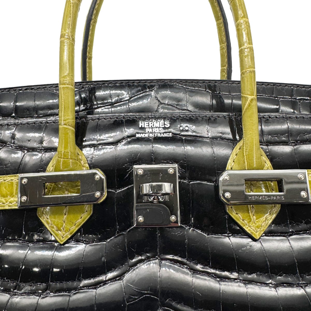 hermes HERMES BIRKIN 25 BLACK CHARTREUSE CROCODILE NILOTICUS LISSE HAND BAG □H SHW 90267754