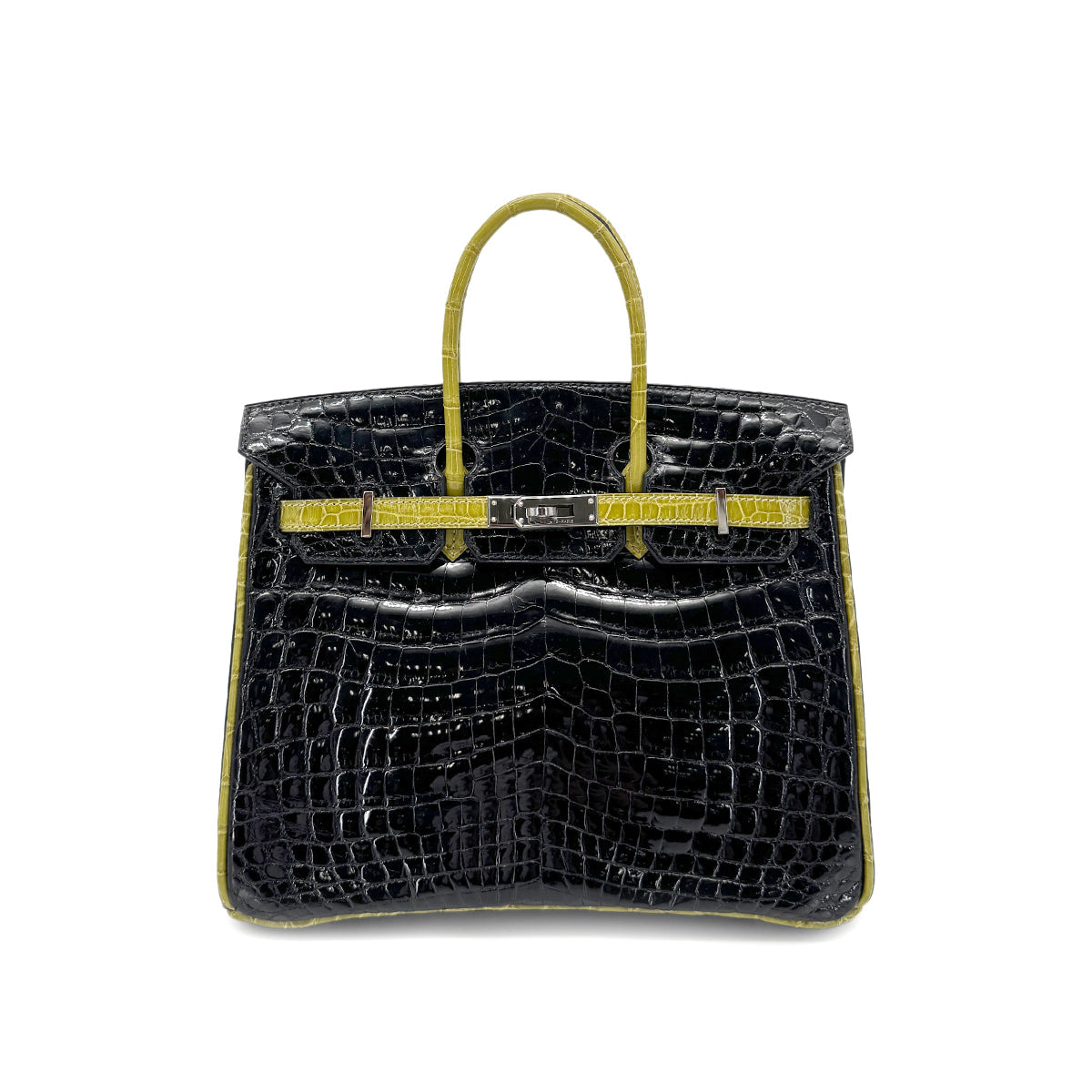 hermes HERMES BIRKIN 25 BLACK CHARTREUSE CROCODILE NILOTICUS LISSE HAND BAG □H SHW 90267754