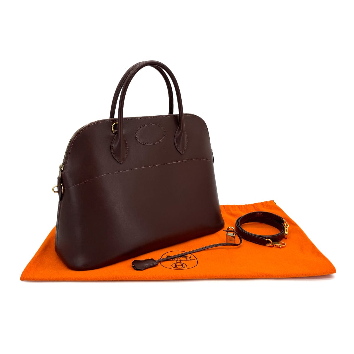 HERMES HERMES BOLIDE 35 MARRON FONCE BOXCALF HAND BAG 2001 SQUARE E GOLD HARDWARE 90311972