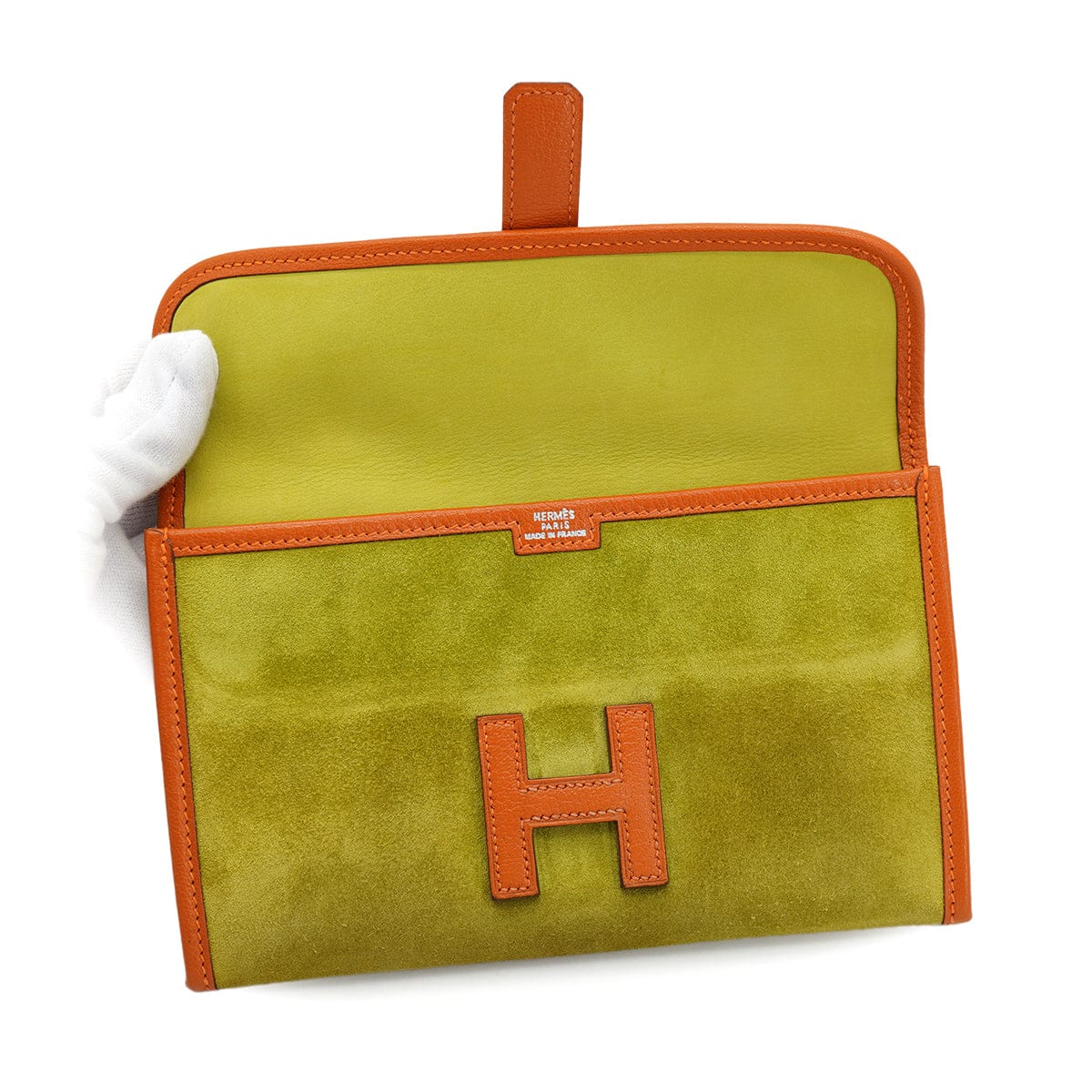 HERMES HERMES JIGE MINI ANIS GREEN ORANGE DEBRIS CLUTCH BAG 2006 SQUARE J 90326664