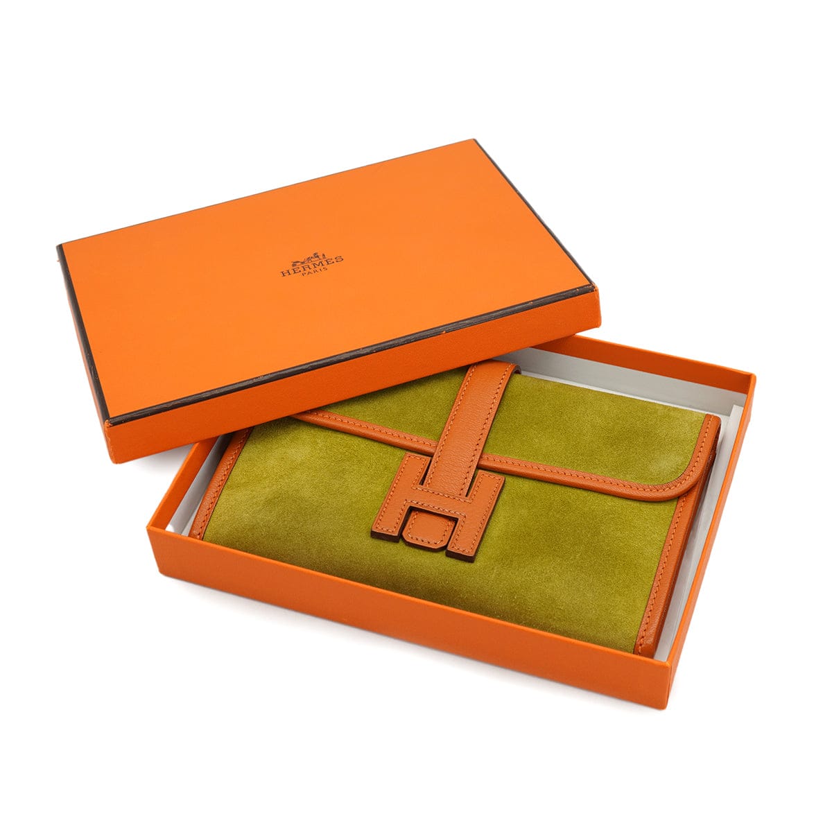 HERMES HERMES JIGE MINI ANIS GREEN ORANGE DEBRIS CLUTCH BAG 2006 SQUARE J 90326664