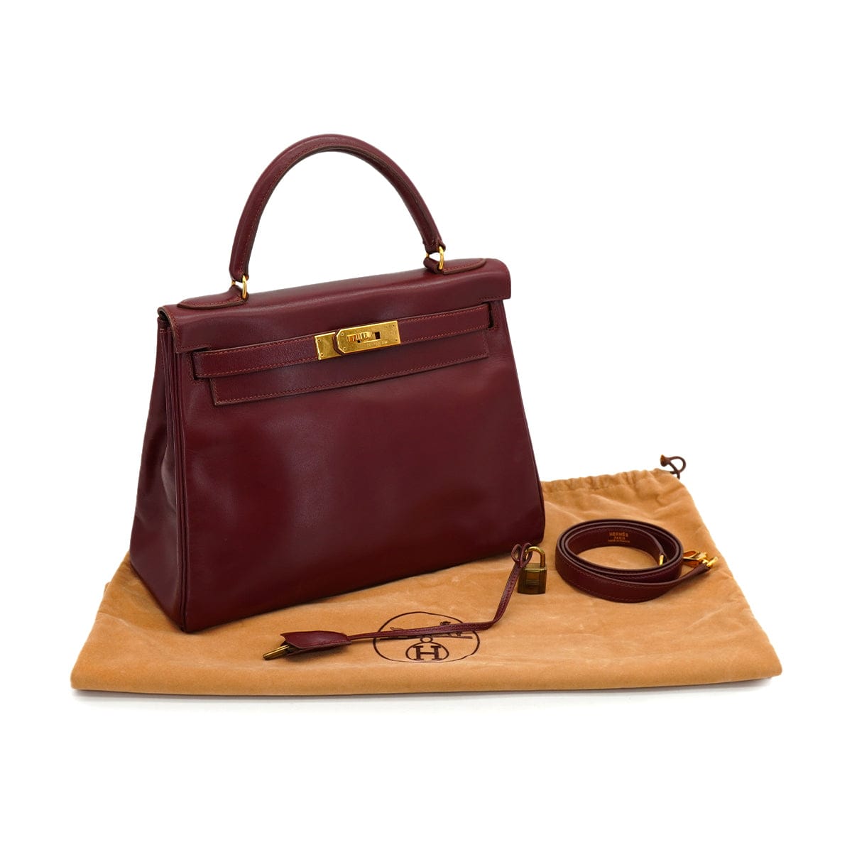 HERMES HERMES KELLY 28 RETOURNE ROUGE H BOXCALF HAND SHOULDER BAG 1991 CIRCLE U GOLD HARDWARE 90326657