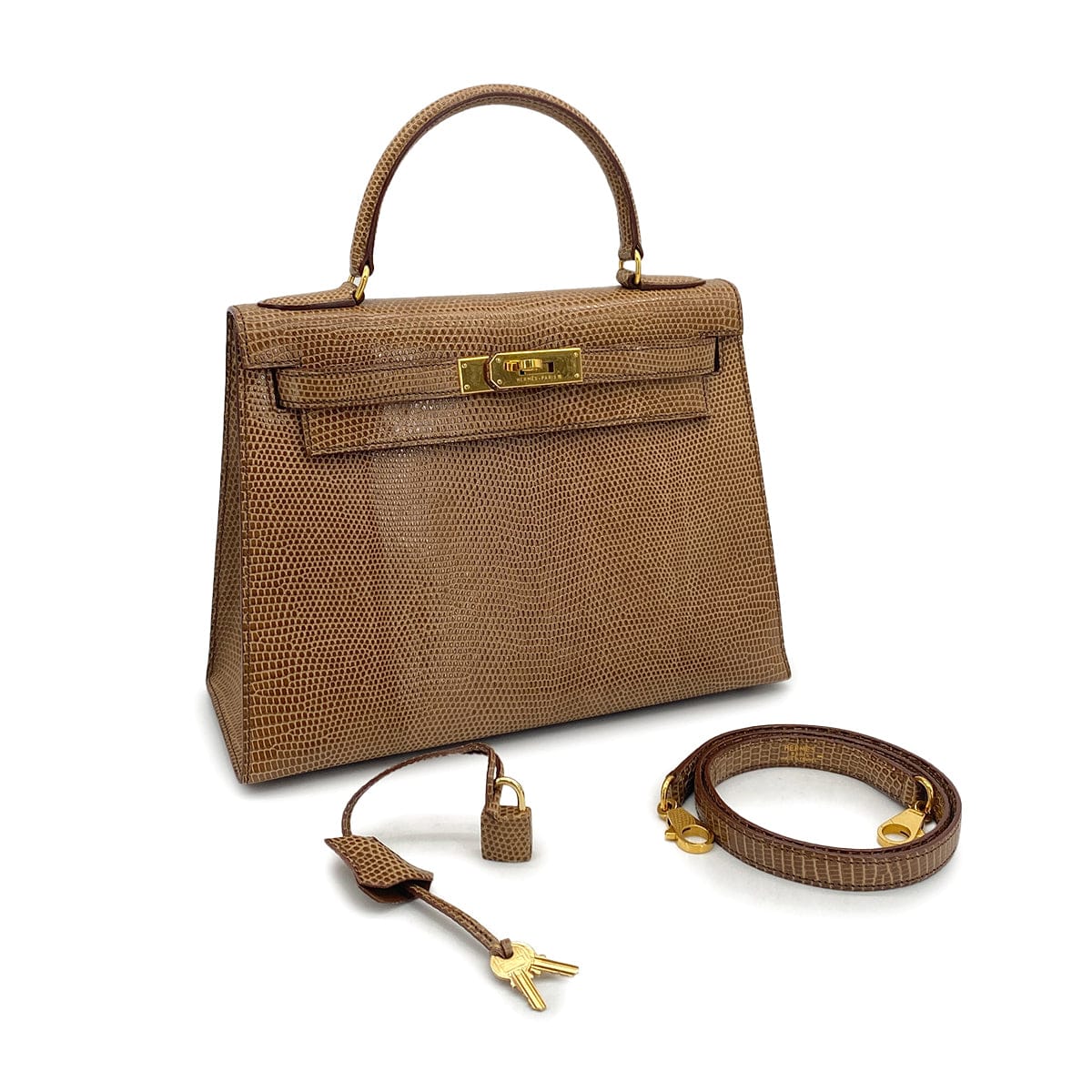 HERMES HERMES KELLY 28 SELLIER BROWN  LIZARD HAND SHOULDER BAG 1995 CIRCLE Y GOLD HARDWARE 90325605