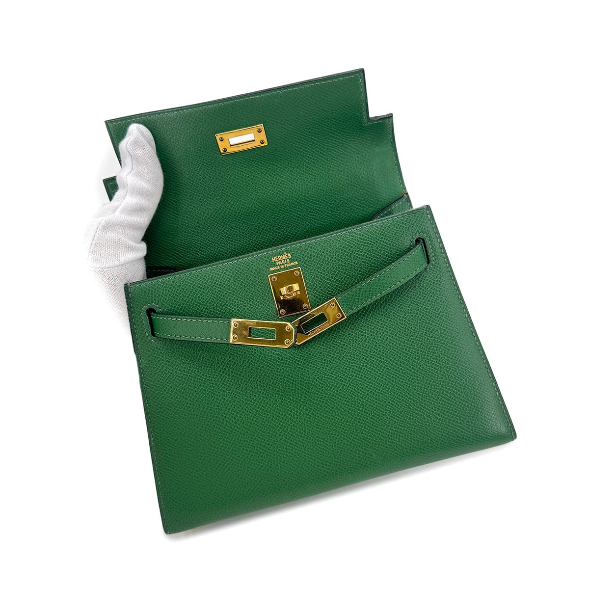 HERMES HERMES MINI KELLY 20 SELLIER GREEN COUCHEVEL SHOULDER BAG OY GHW 90239776