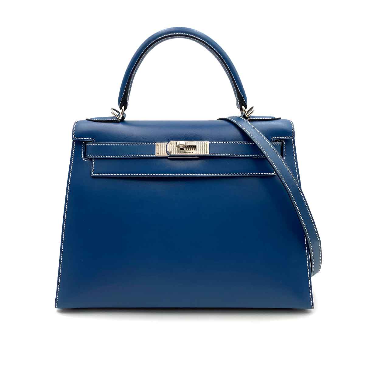 Hermès Hermès Vintage Kelly 28 Sellier Blue Thalassa Boxcalf Guilloche HW #H 90234347