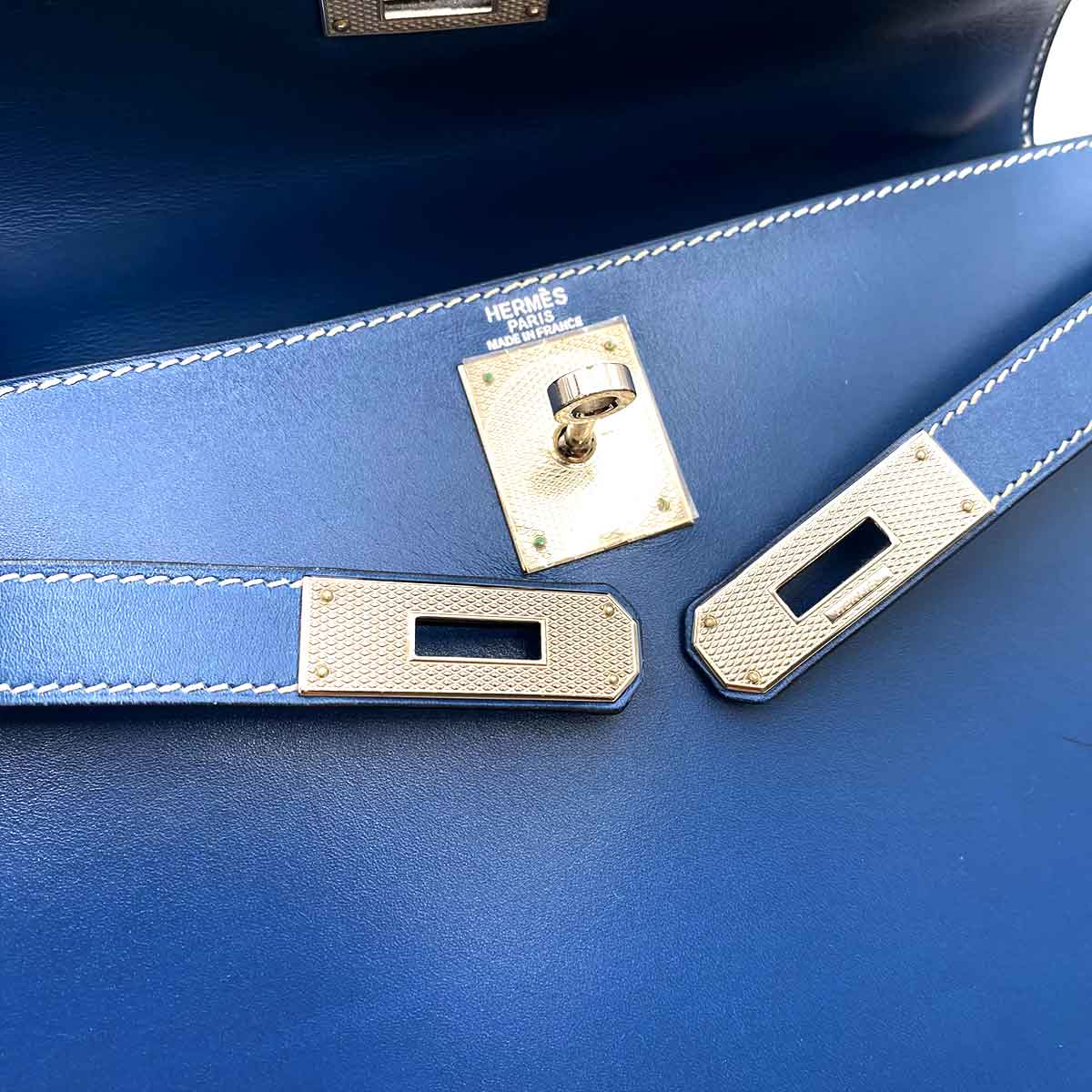 Hermès Hermès Vintage Kelly 28 Sellier Blue Thalassa Boxcalf Guilloche HW #H 90234347