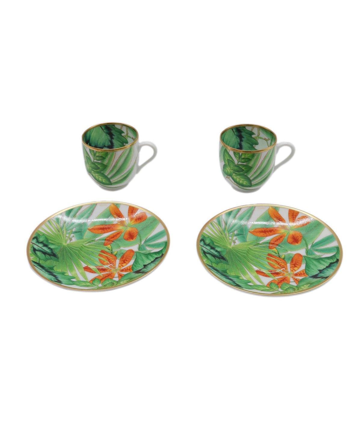 Tasse à Soupe Du Matin Hermès Passifolia – 2 Sets Avec Soucoupe, Porcelaine Verte Et Or, Jamais Utilisée
