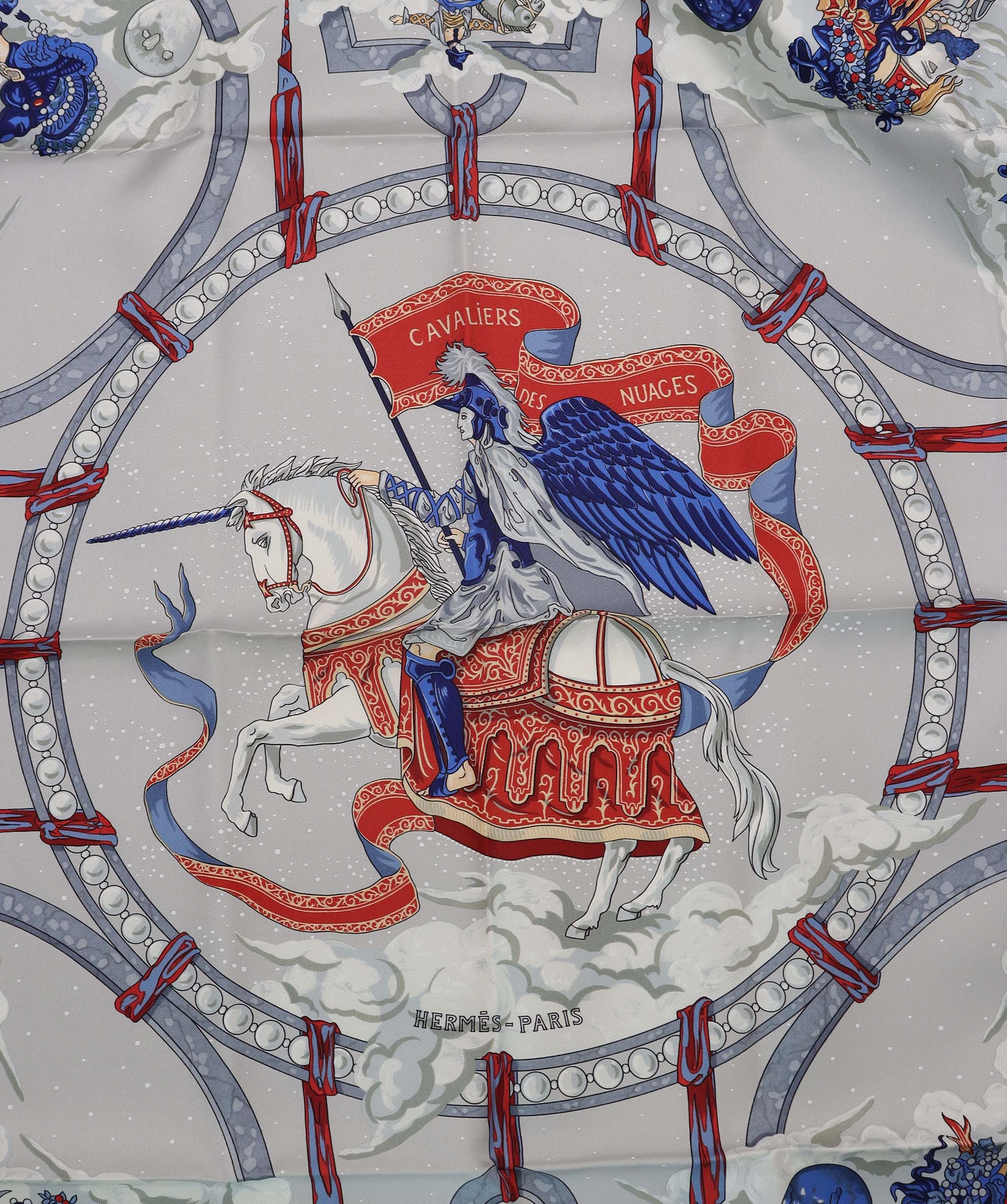 Hermès HERMES Carre 90 Scarf CAVALIERS DES NUAGES Scarf Silk 100% Gray Auth am351b DXBV0324