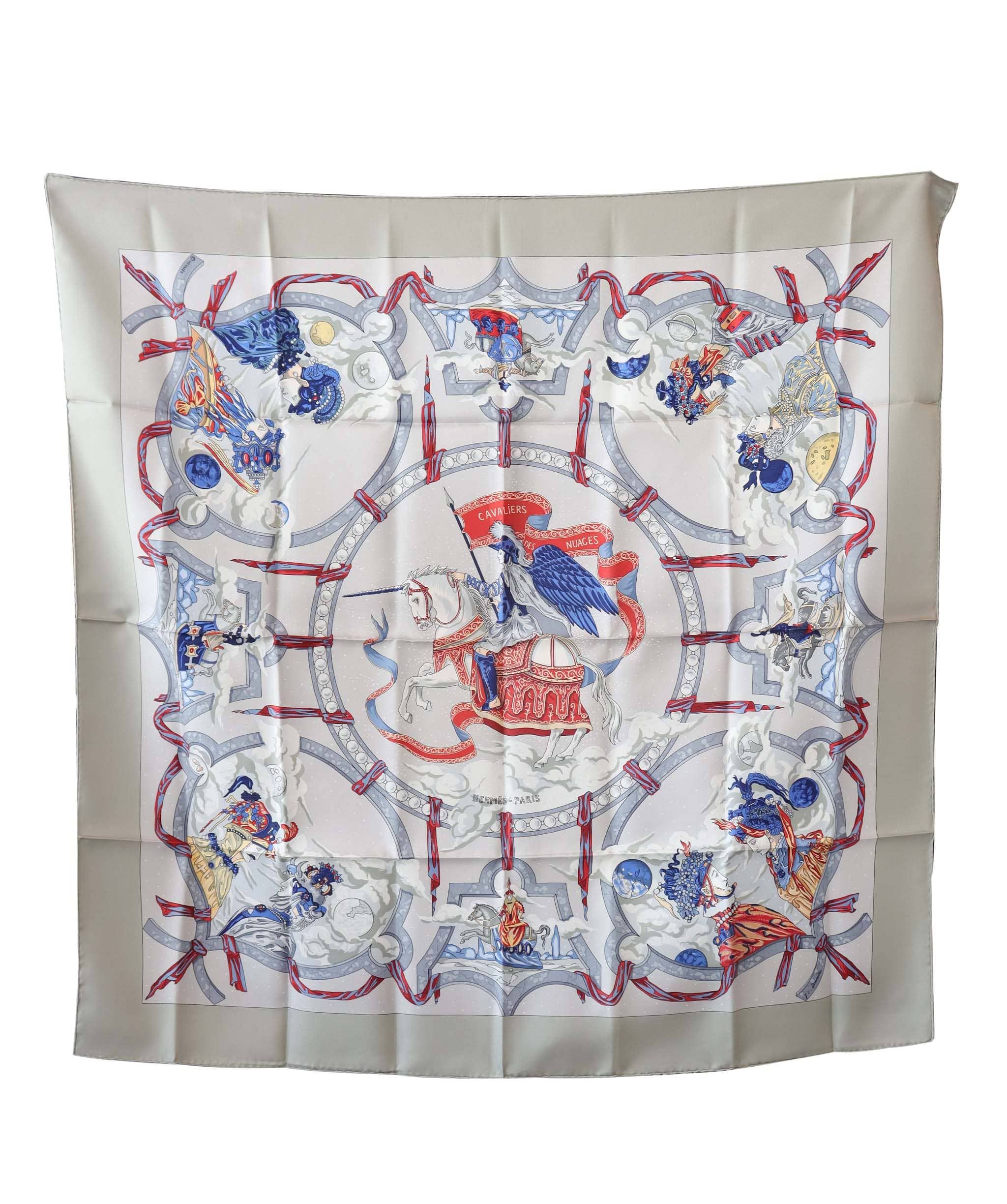 Hermès HERMES Carre 90 Scarf CAVALIERS DES NUAGES Scarf Silk 100% Gray Auth am351b DXBV0324