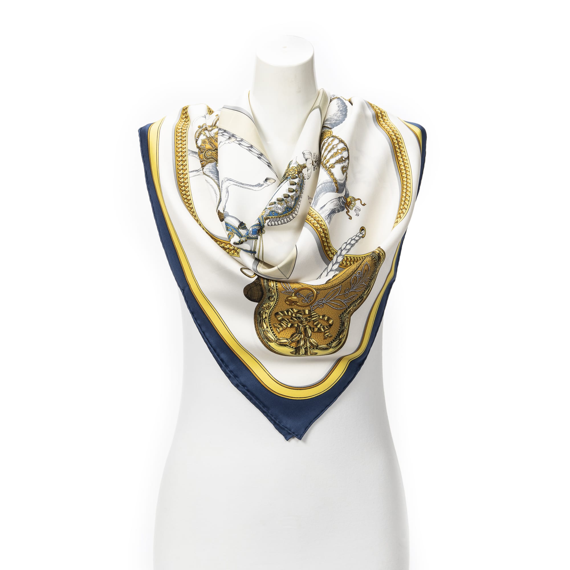 Hermès Hermès Blue/Gold/Ivory Silk Scarf ABB9467