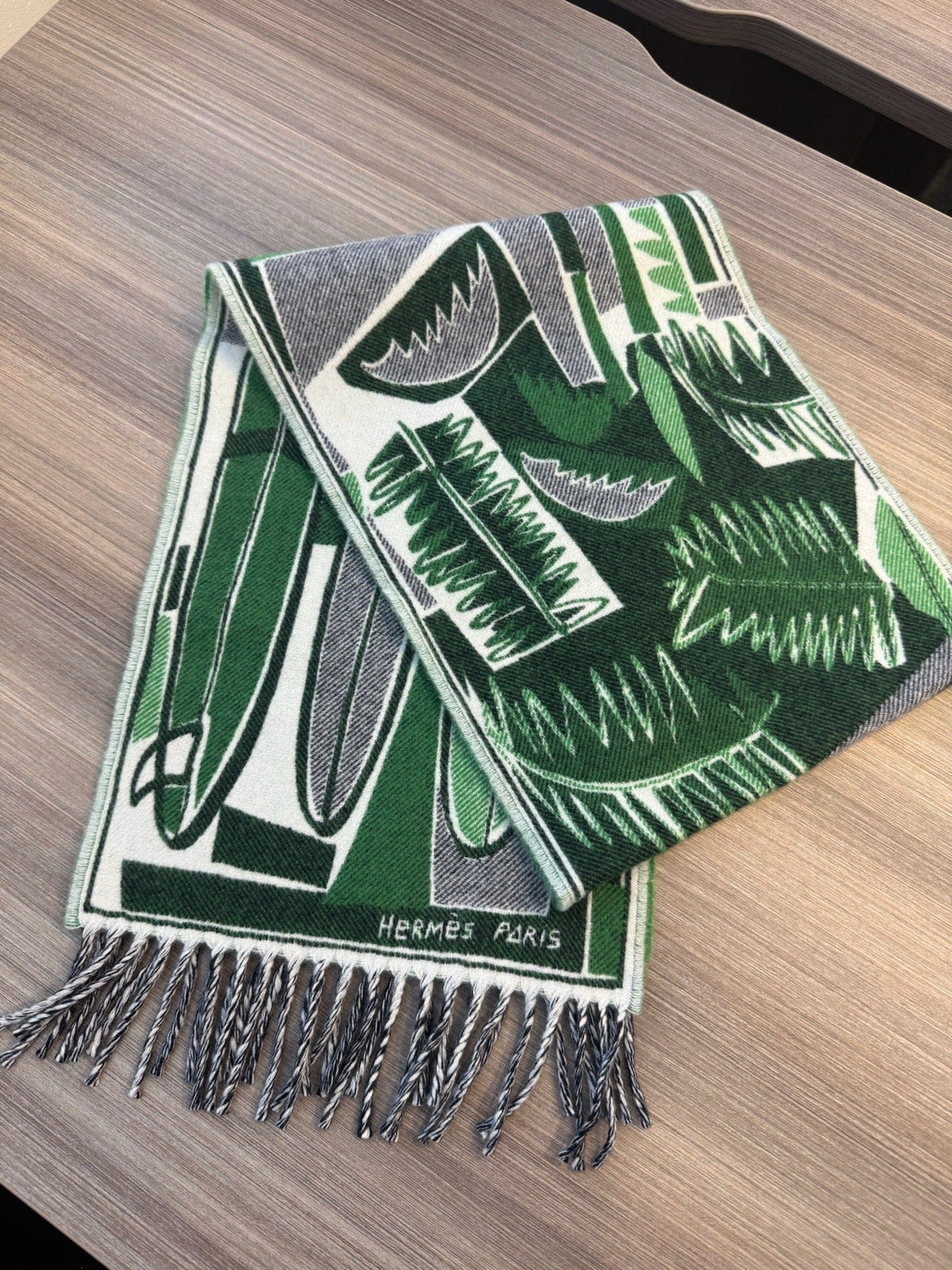 Hermès Hermès Cashmere Scarf - Green, Grey & White Graphic