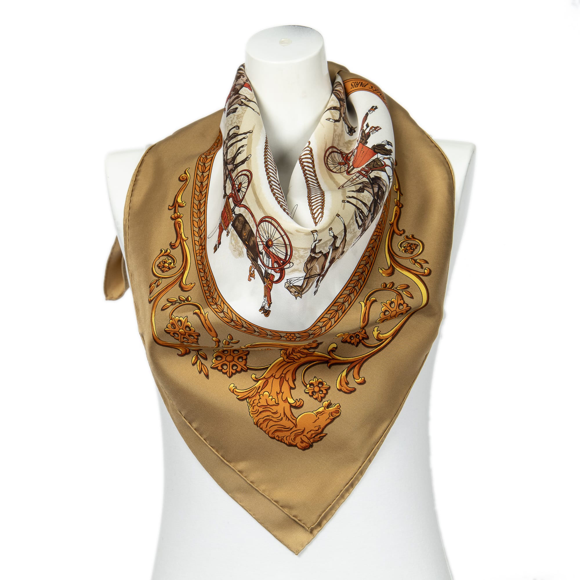 Hermès Hermès Gold/White/Brown Silk Scarf ABA6960