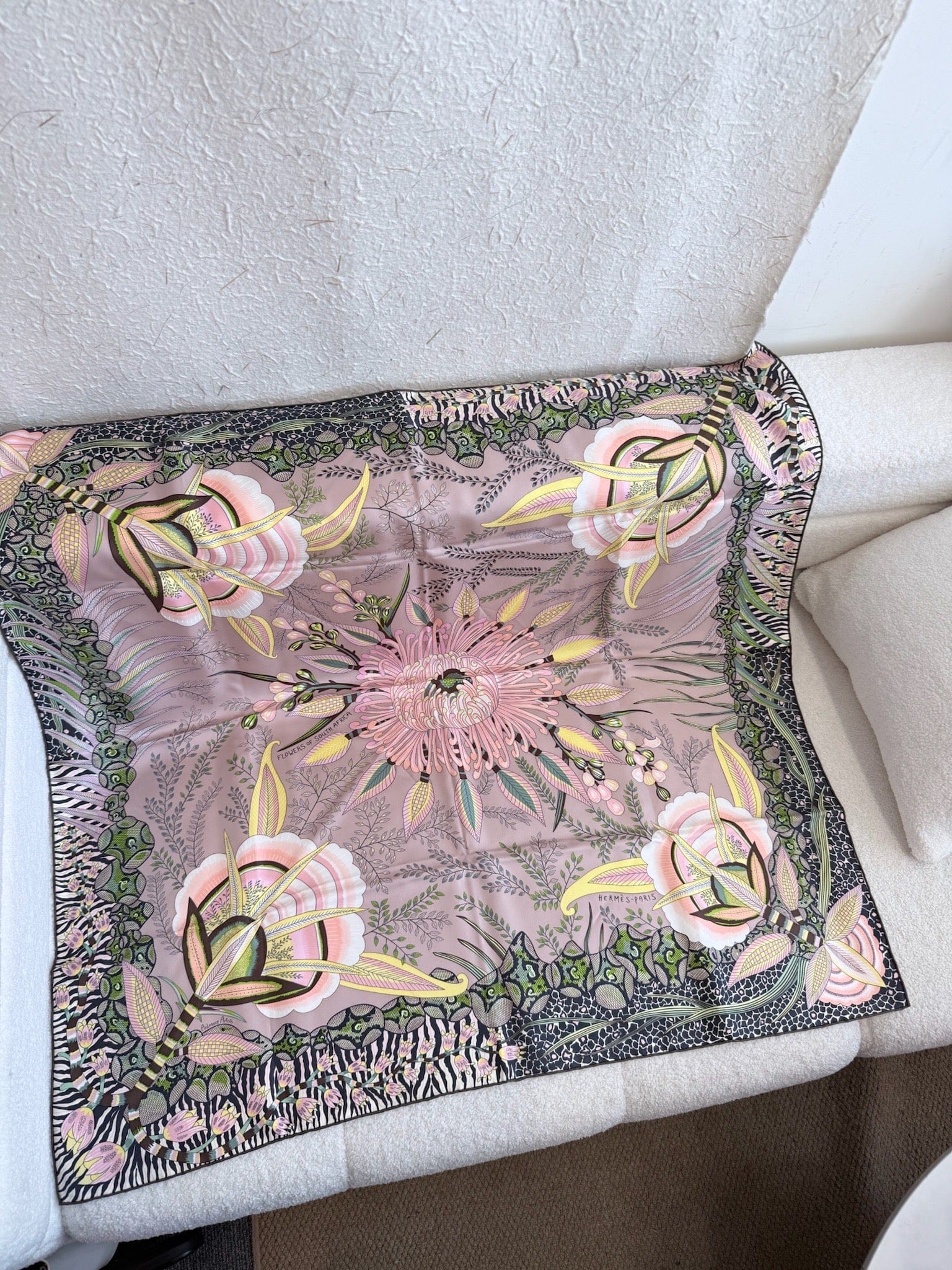 Hermes Hermes Silk Flowers of South Africa Scarf 90 Vieux Rose Vert Jaune