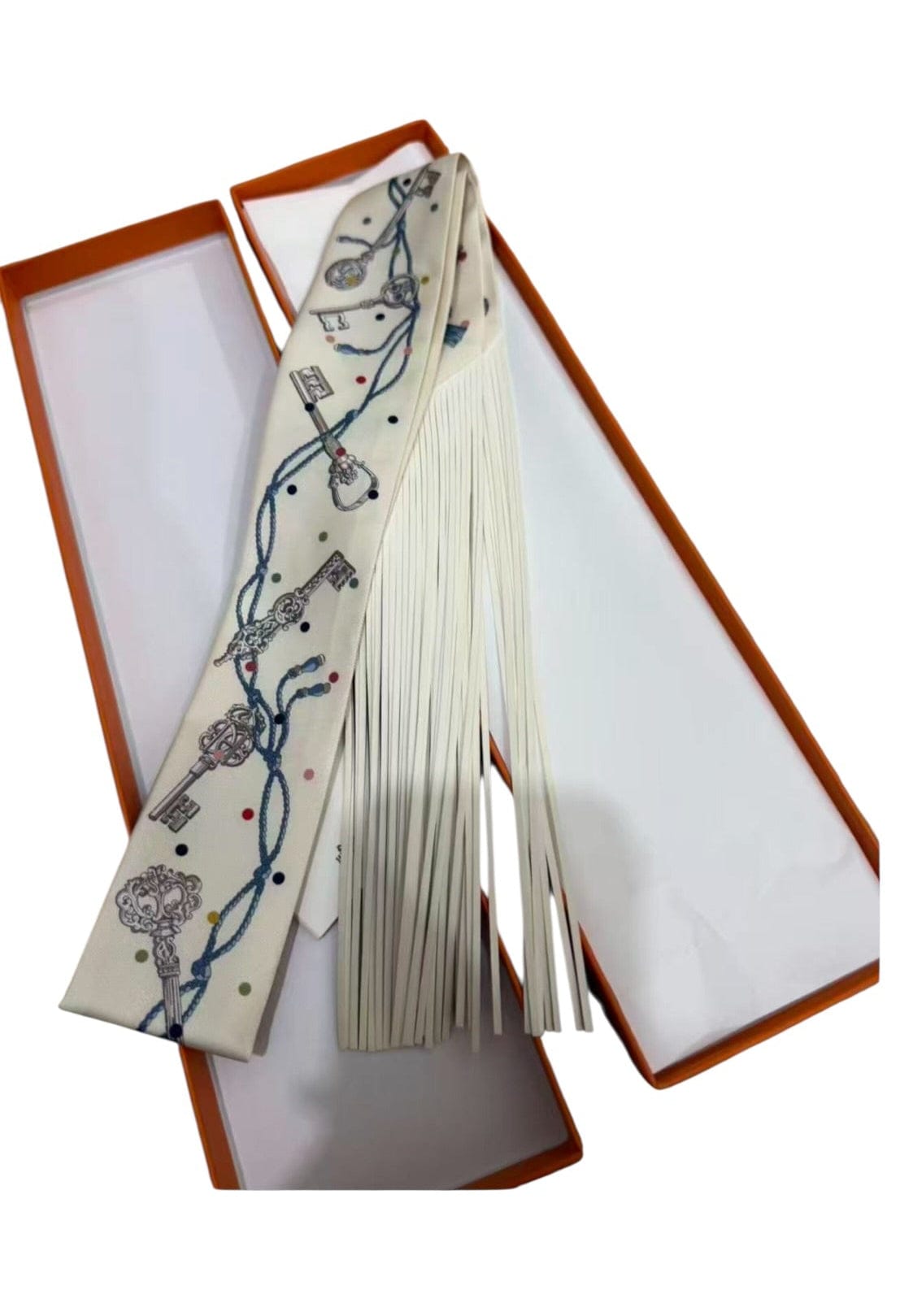 Hermes Hermes White Keys Twilly with Leather Fringe