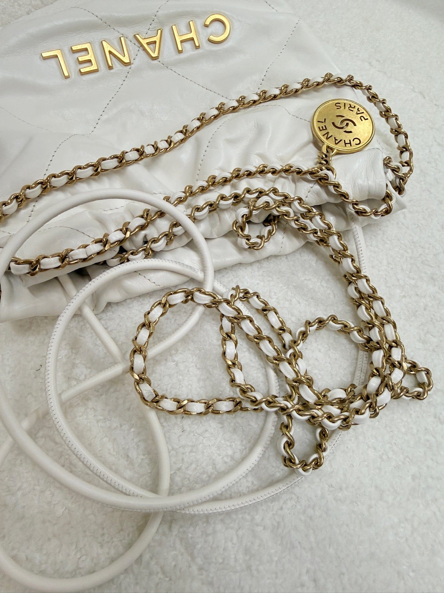 Iconn Boutique Chanel 22 Bag Mini White Calfskin with Gold Logo and Chain-Strap Hobo Bag