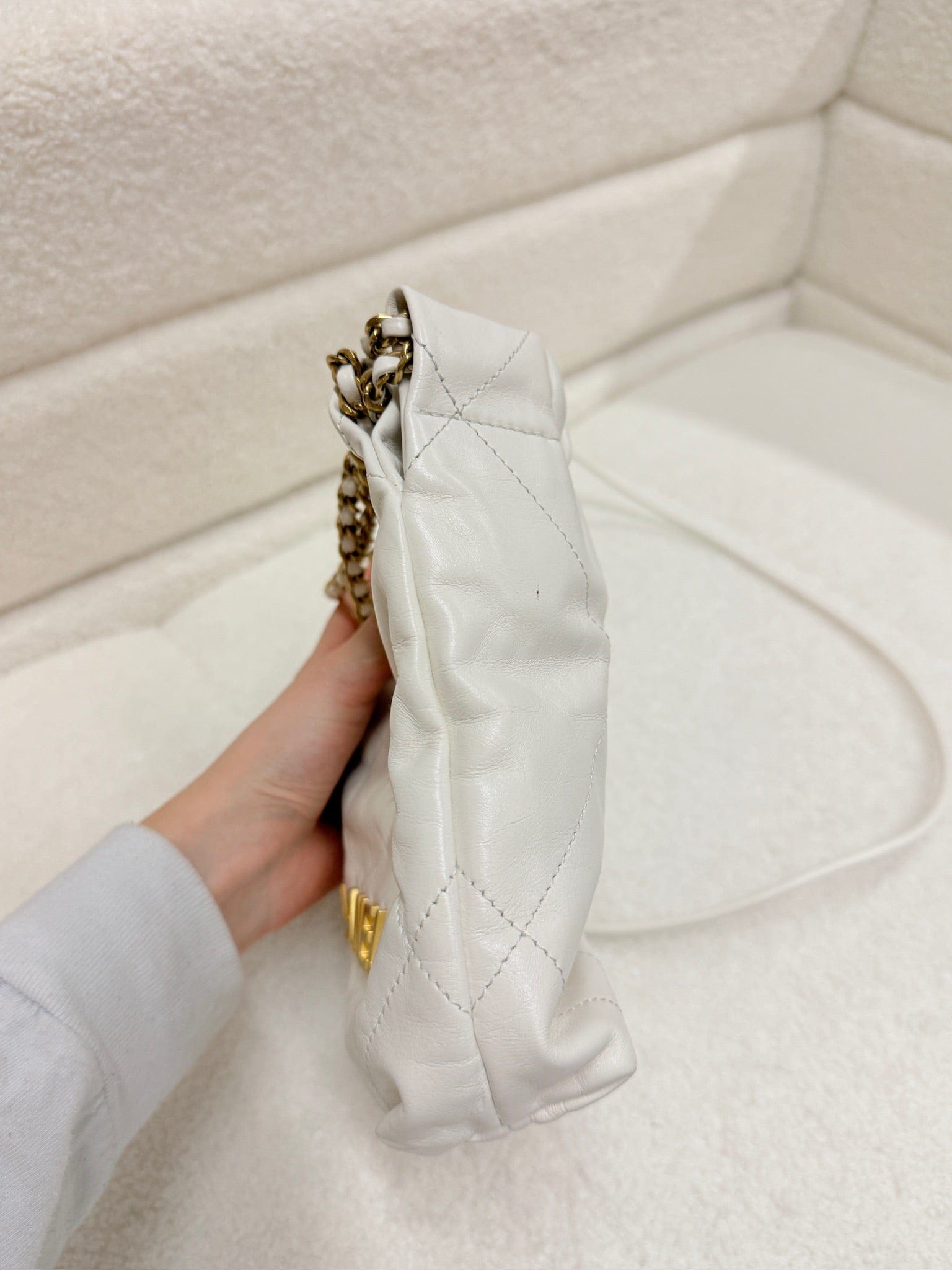 Iconn Boutique Chanel 22 Bag Mini White Calfskin with Gold Logo and Chain-Strap Hobo Bag
